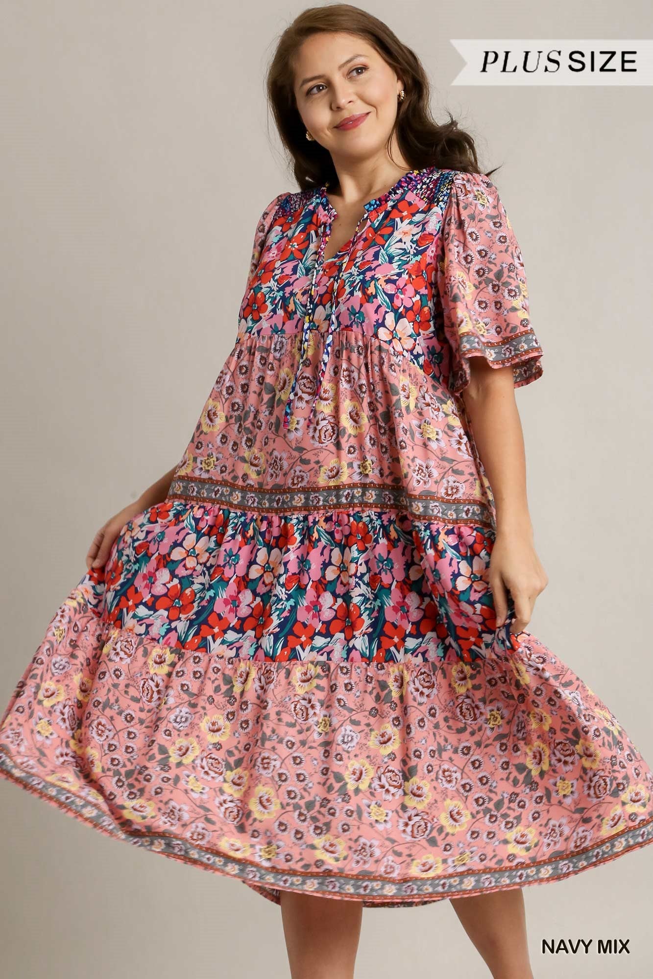 Umgee Plus Short Sleeve Mixed Floral Print Round Neck Maxi Split Neck Dress