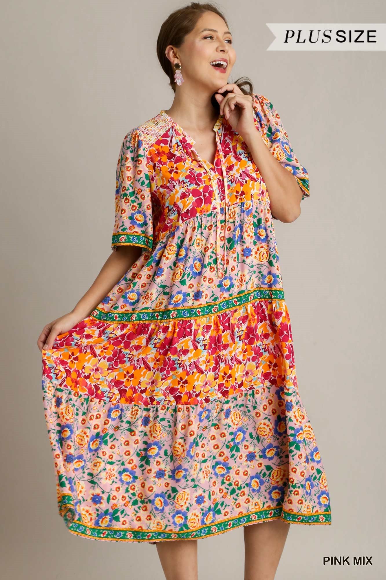 Umgee Plus Short Sleeve Mixed Floral Print Round Neck Maxi Split Neck Dress