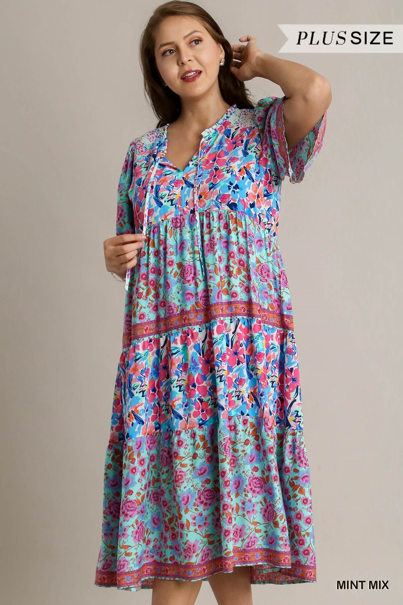 Umgee Plus Short Sleeve Mixed Floral Print Round Neck Maxi Split Neck Dress