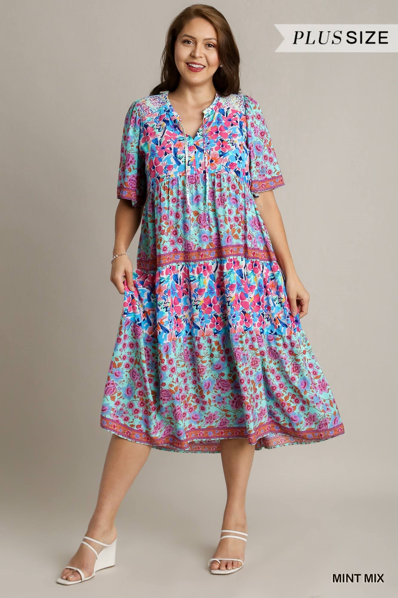 Umgee Plus Short Sleeve Mixed Floral Print Round Neck Maxi Split Neck Dress