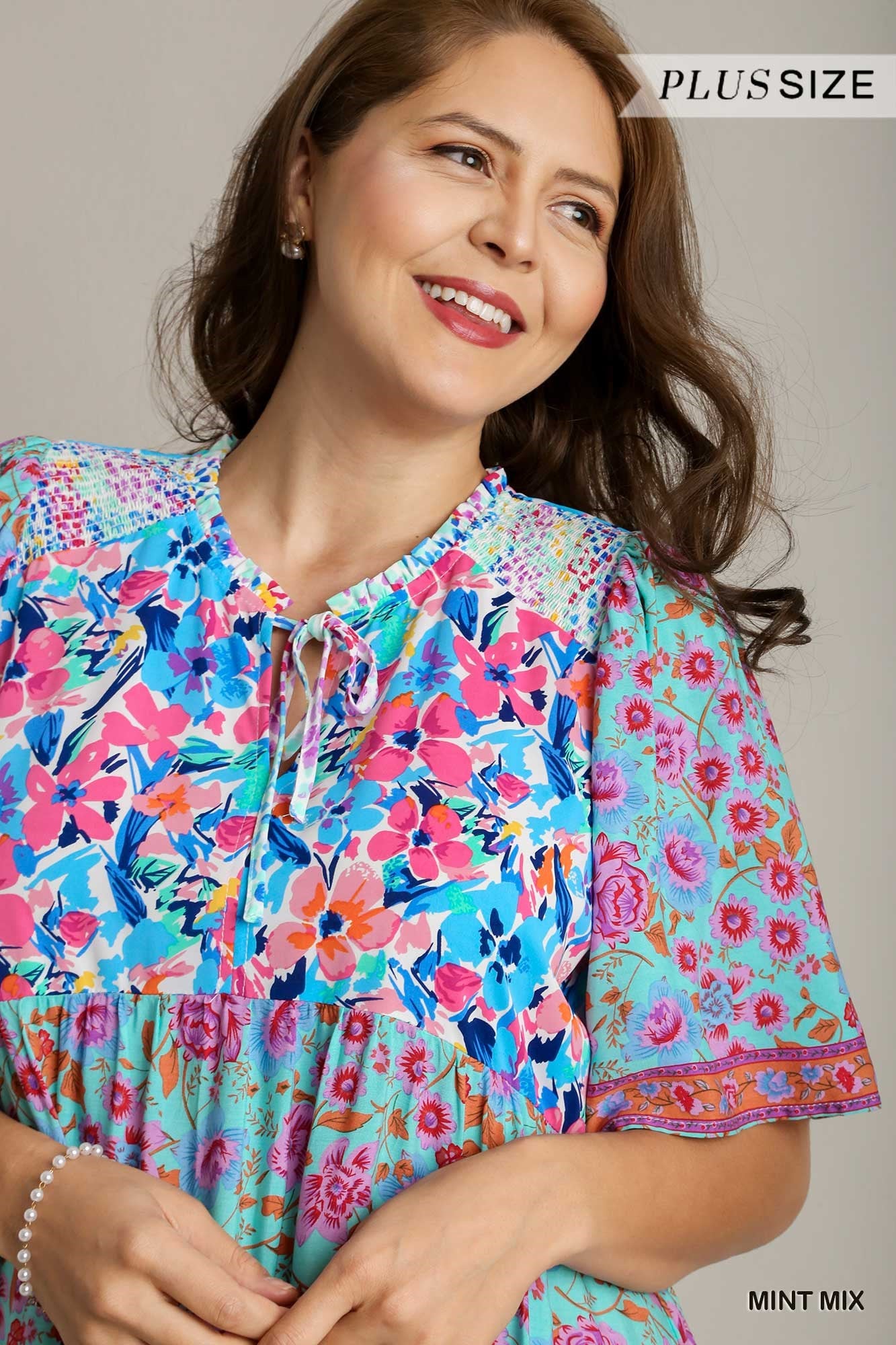 Umgee Plus Short Sleeve Mixed Floral Print Round Neck Maxi Split Neck Dress