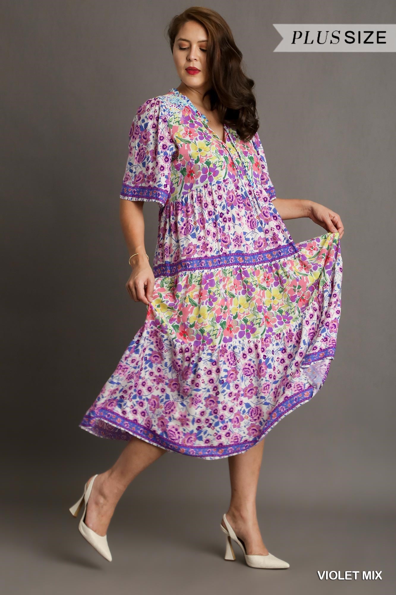 Umgee Plus Short Sleeve Mixed Floral Print Round Neck Maxi Split Neck Dress