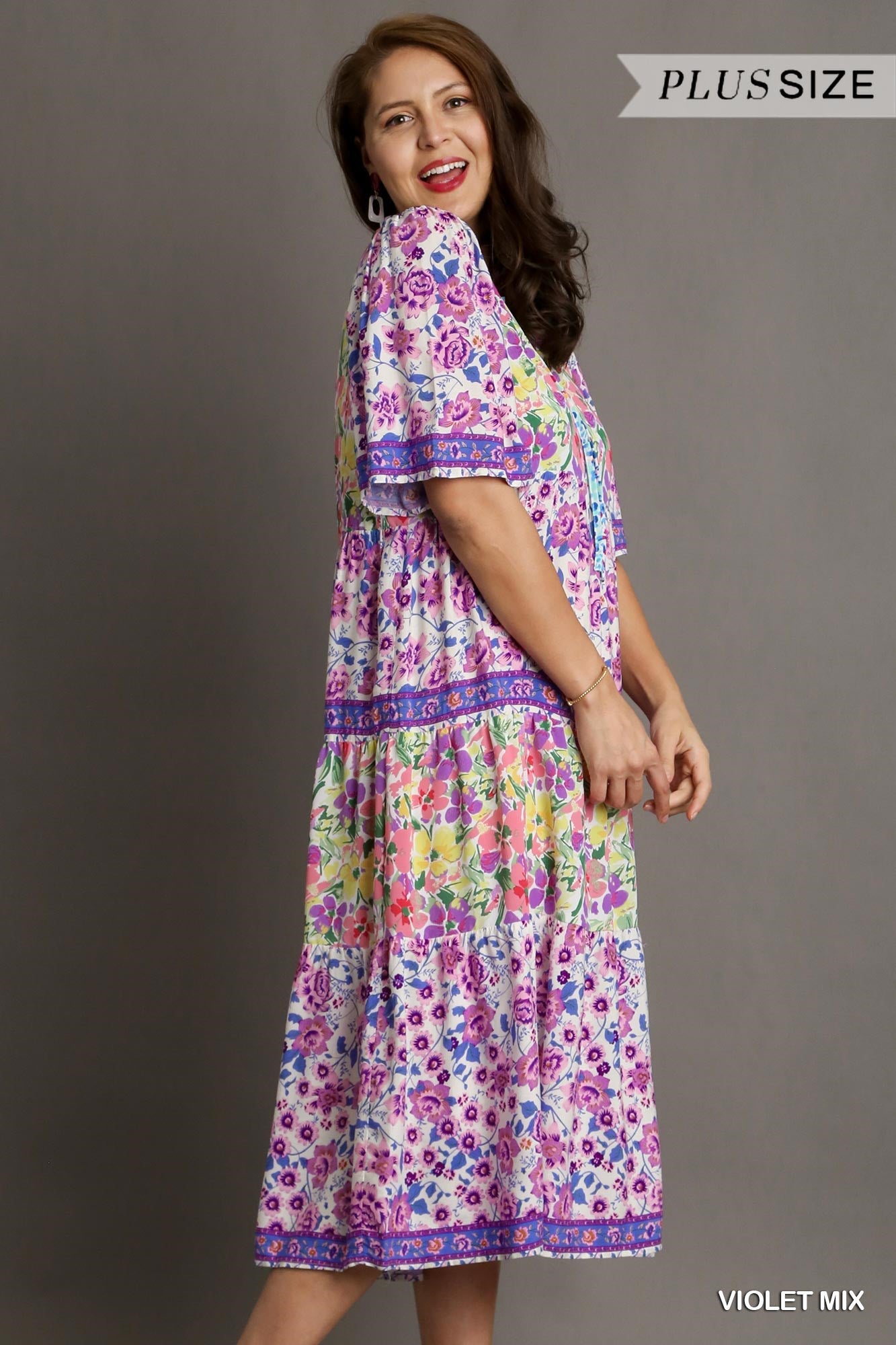 Umgee Plus Short Sleeve Mixed Floral Print Round Neck Maxi Split Neck Dress