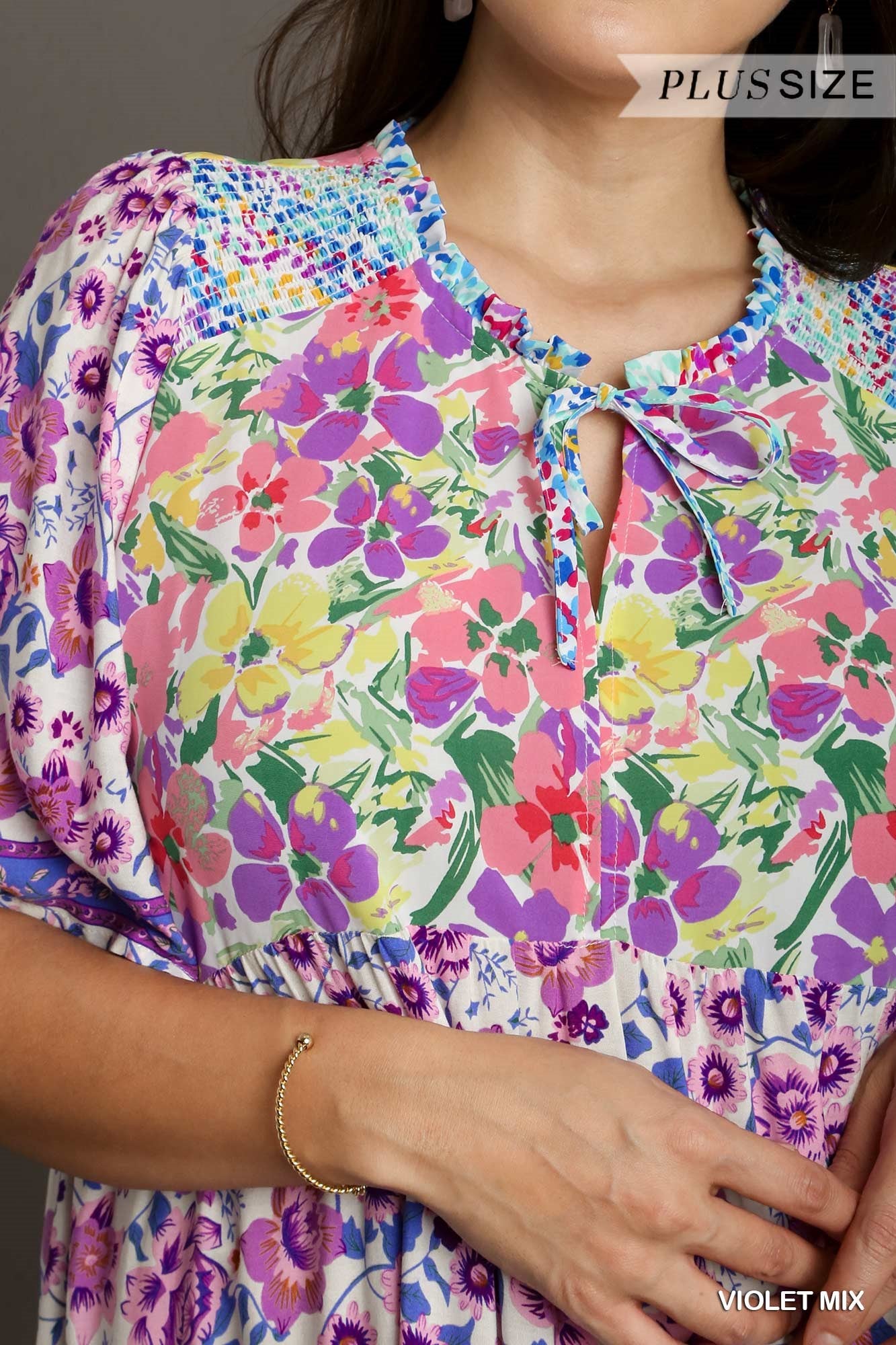 Umgee Plus Short Sleeve Mixed Floral Print Round Neck Maxi Split Neck Dress