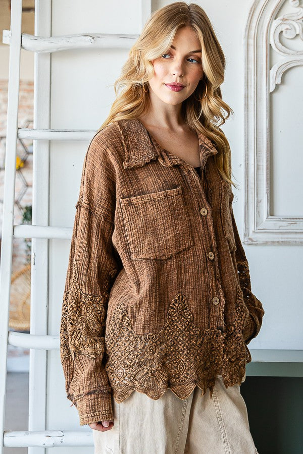 Oli & Hali Washed Lace Mixed Buttondown Shirt Top