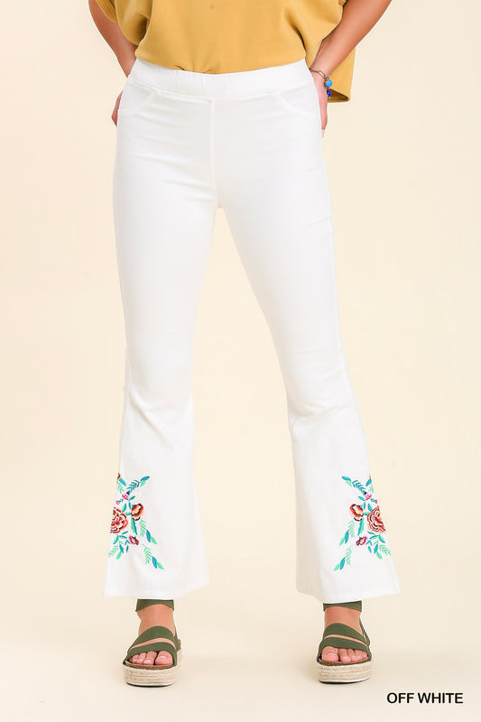 Umgee Floral Embroidery Elasticated Waistband High Waisted Flared Pull On Pants