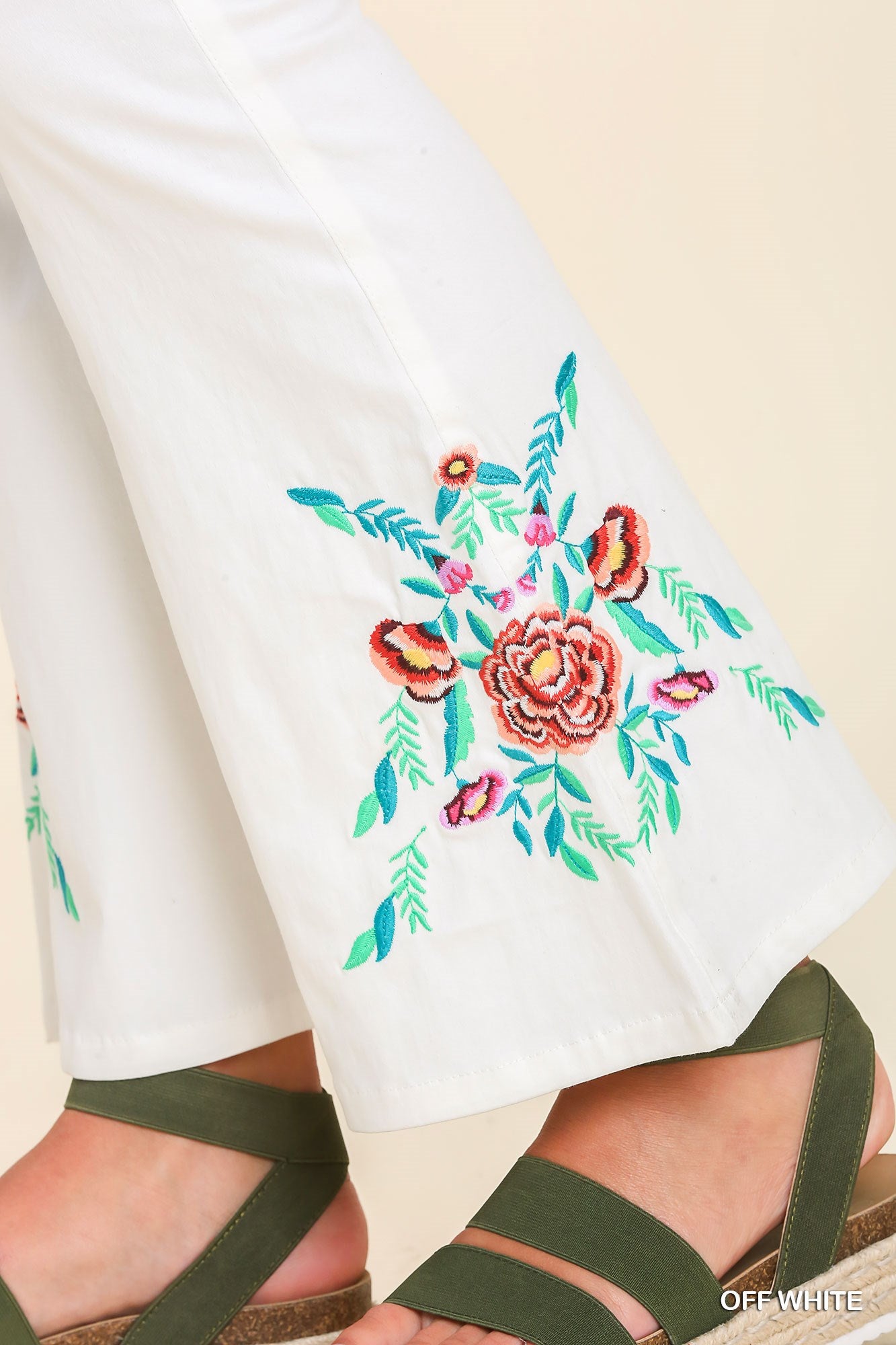 Umgee Floral Embroidery Elasticated Waistband High Waisted Flared Pull On Pants