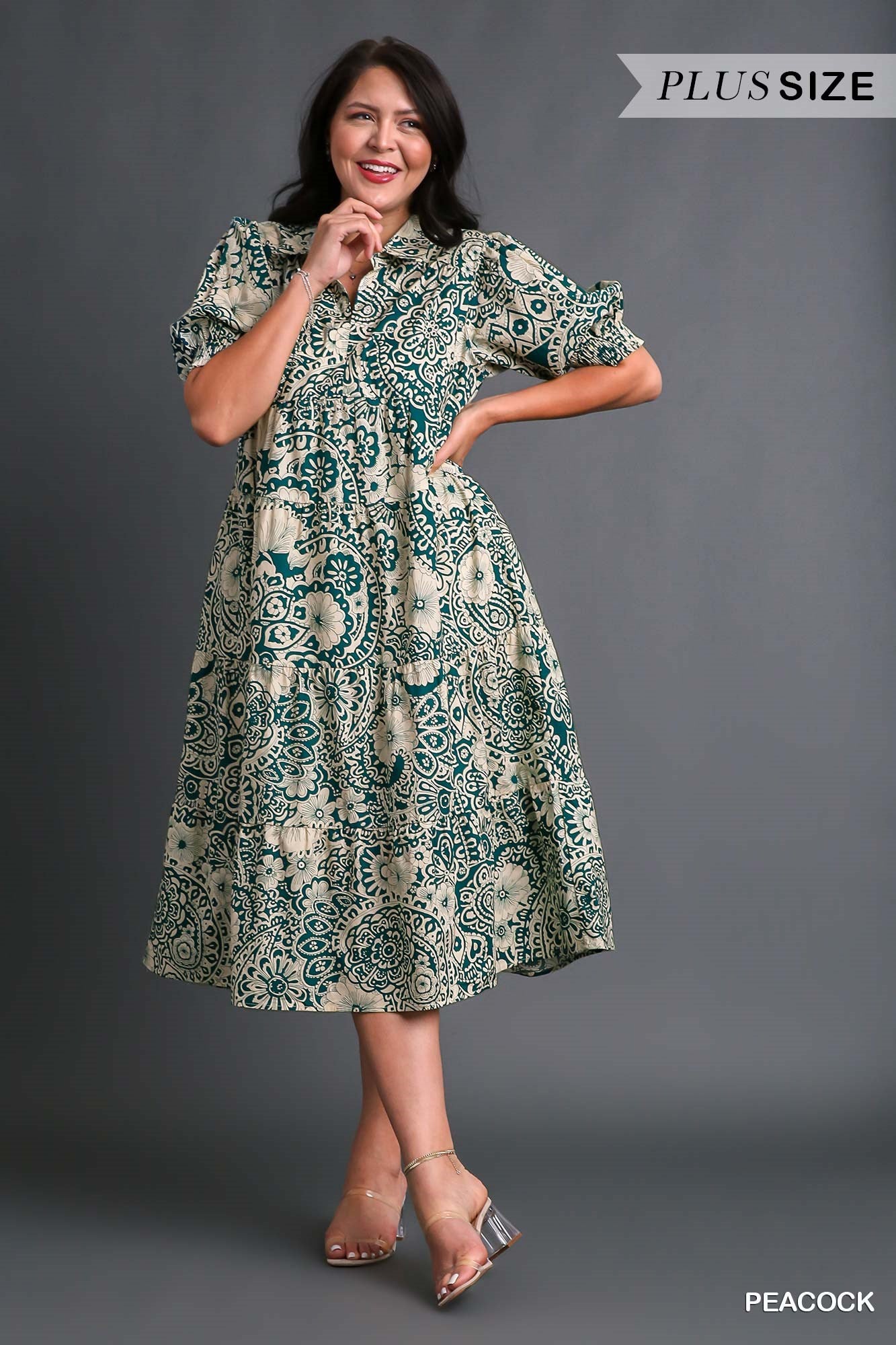 Umgee Plus Abstract Print V-Neck Collared Tiered Puff Sleeves Dress