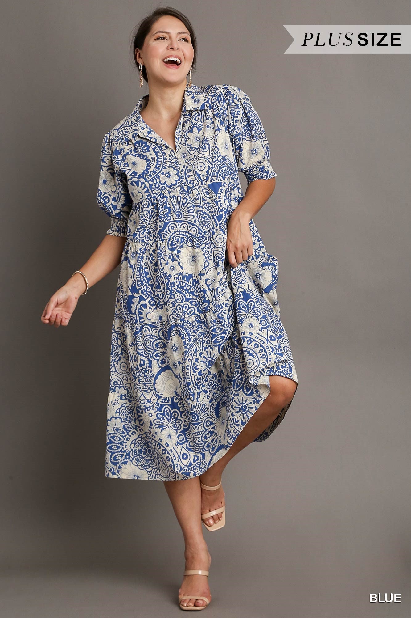 Umgee Plus Abstract Print V-Neck Collared Tiered Puff Sleeves Dress