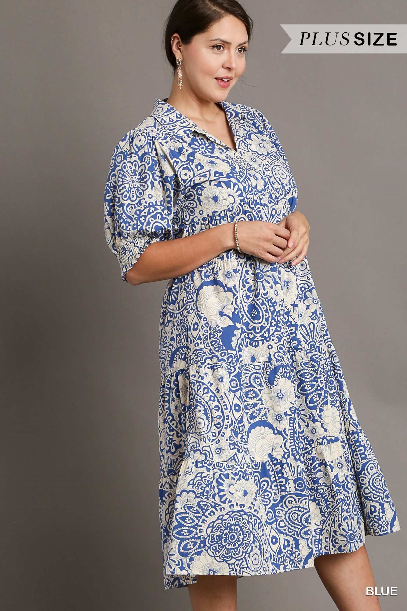 Umgee Plus Abstract Print V-Neck Collared Tiered Puff Sleeves Dress