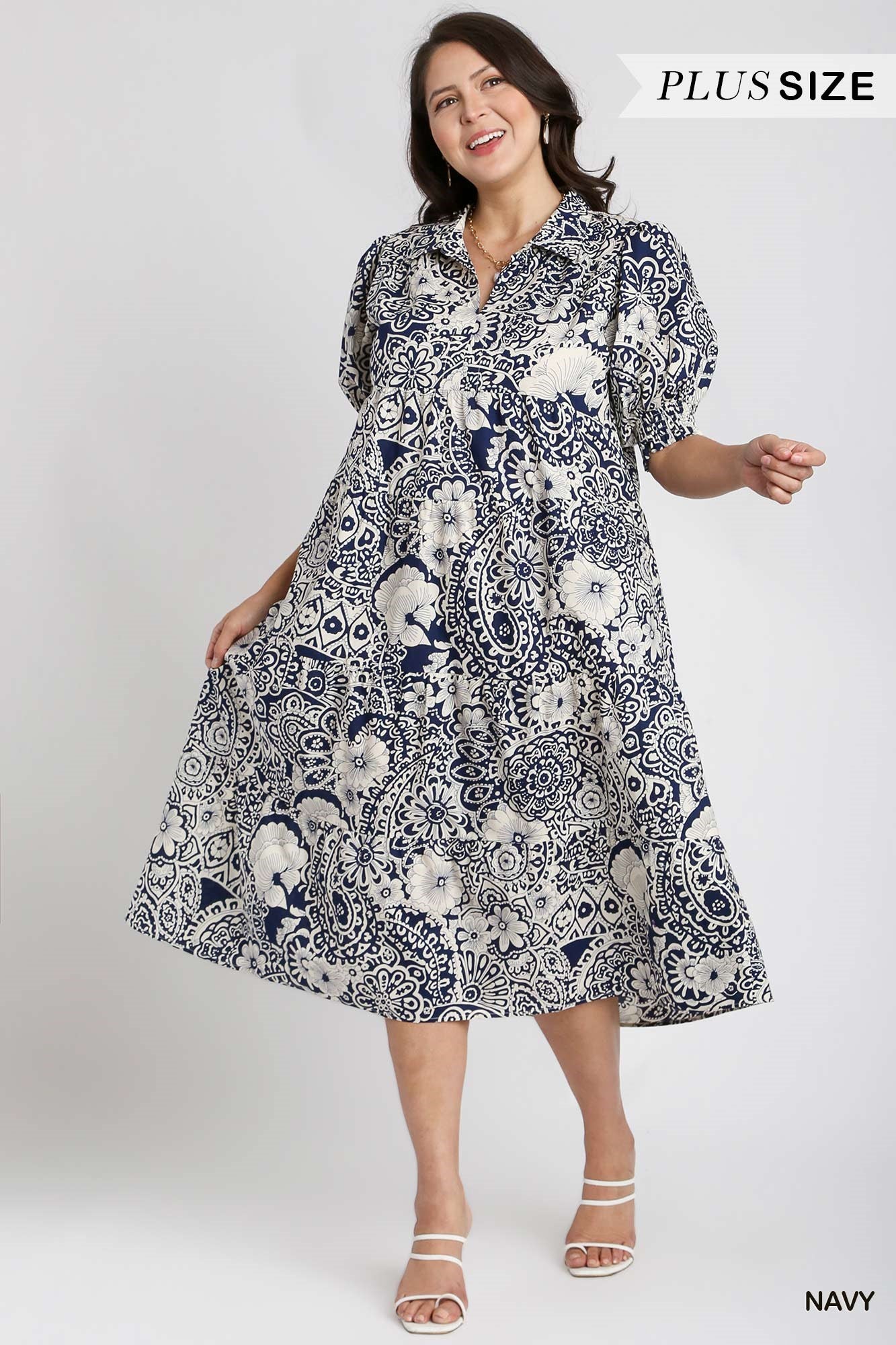 Umgee Plus Abstract Print V-Neck Collared Tiered Puff Sleeves Dress