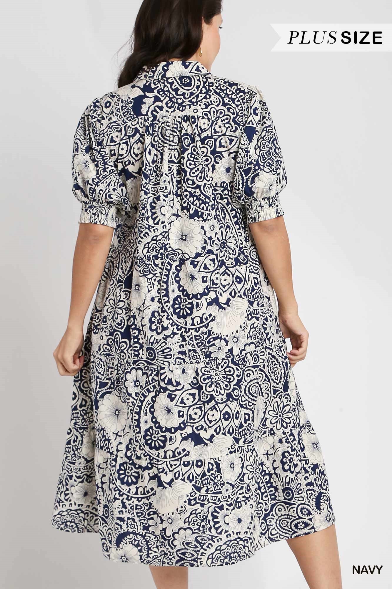 Umgee Plus Abstract Print V-Neck Collared Tiered Puff Sleeves Dress
