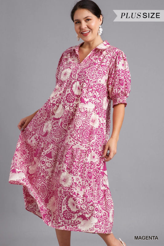 Umgee Plus Abstract Print V-Neck Collared Tiered Puff Sleeves Dress