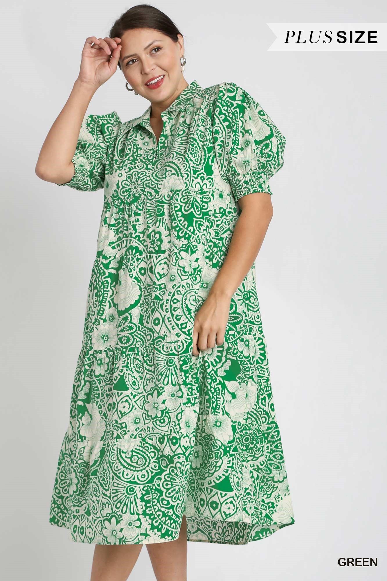 Umgee Plus Abstract Print V-Neck Collared Tiered Puff Sleeves Dress