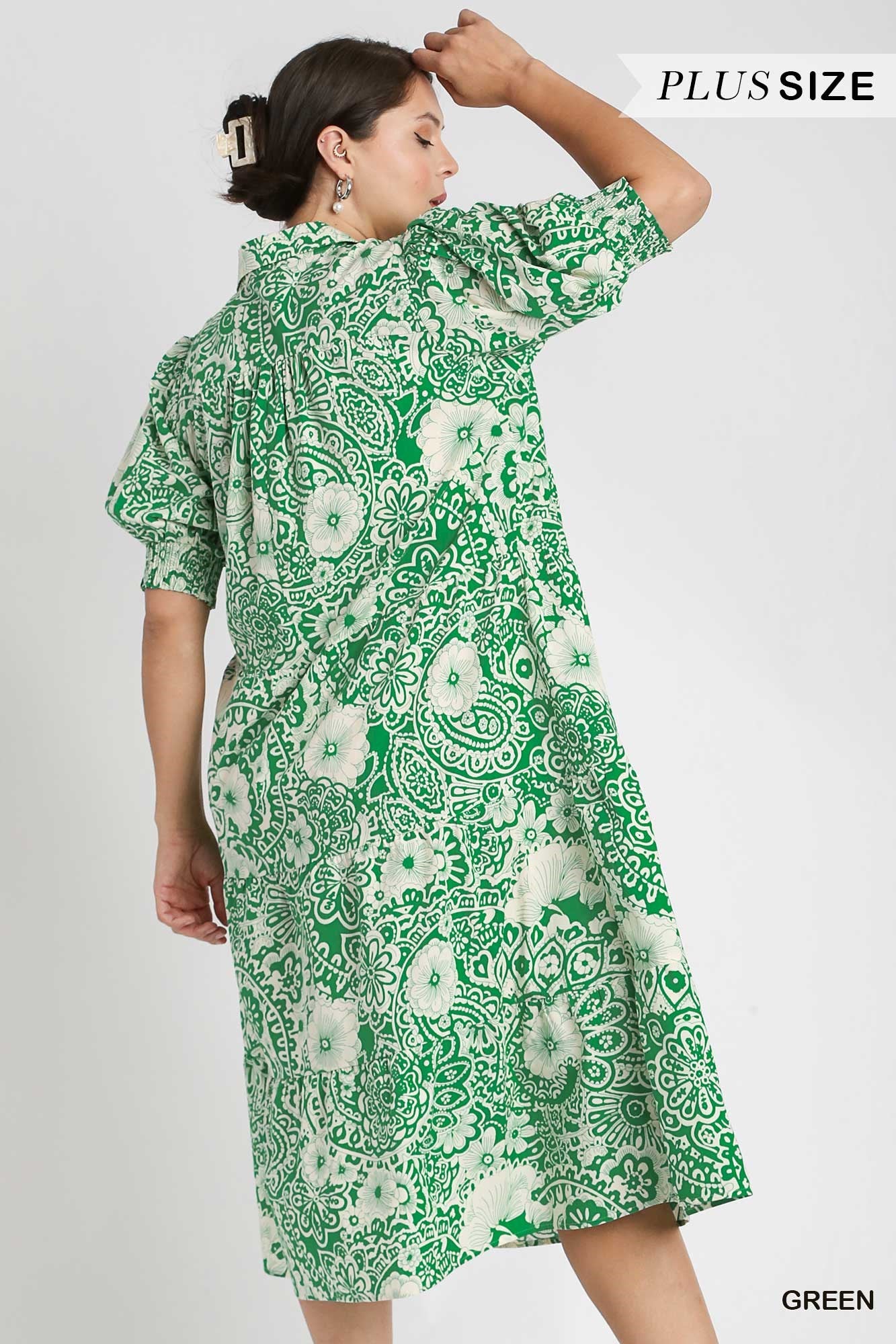 Umgee Plus Abstract Print V-Neck Collared Tiered Puff Sleeves Dress