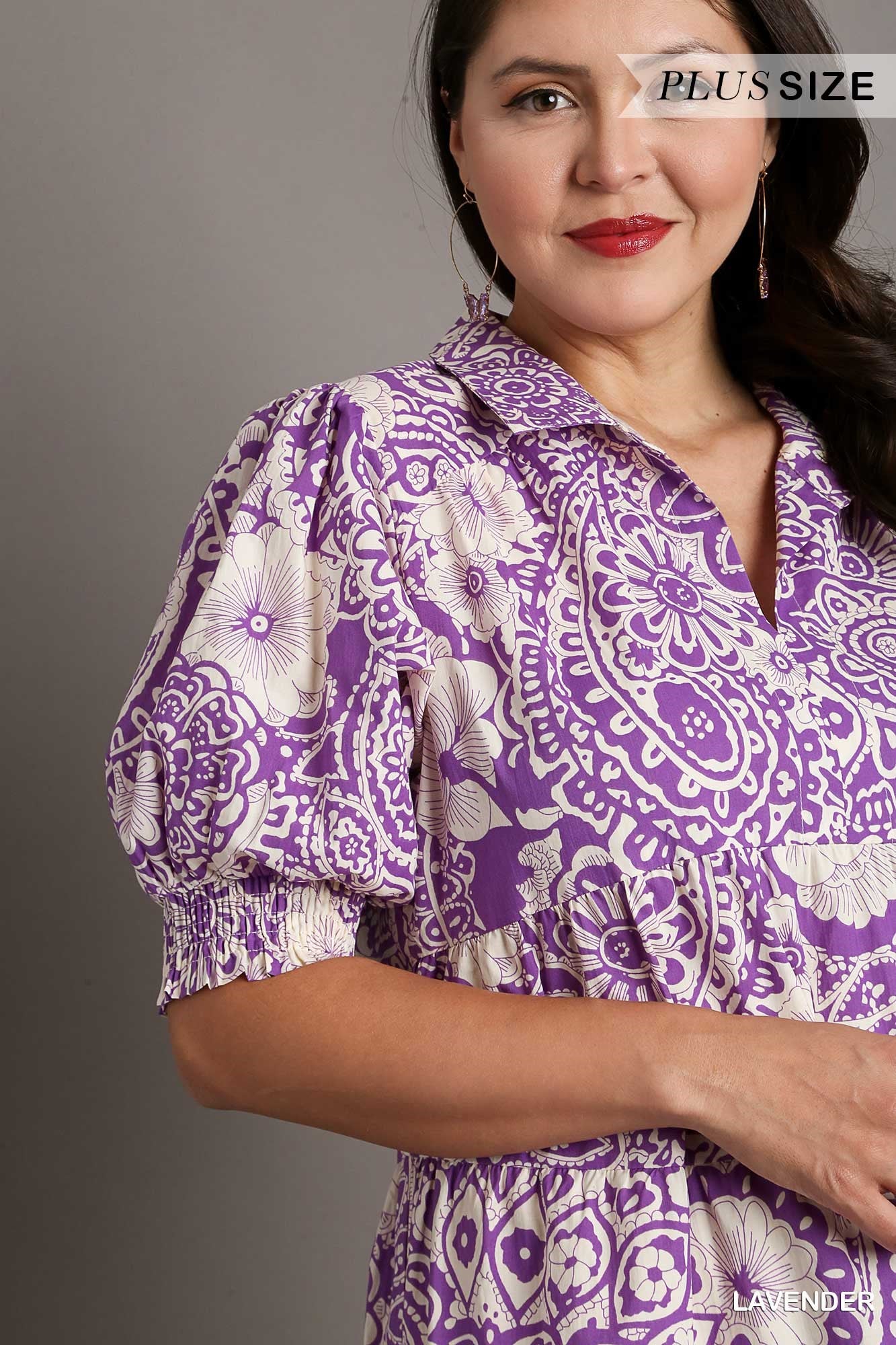 Umgee Plus Abstract Print V-Neck Collared Tiered Puff Sleeves Dress