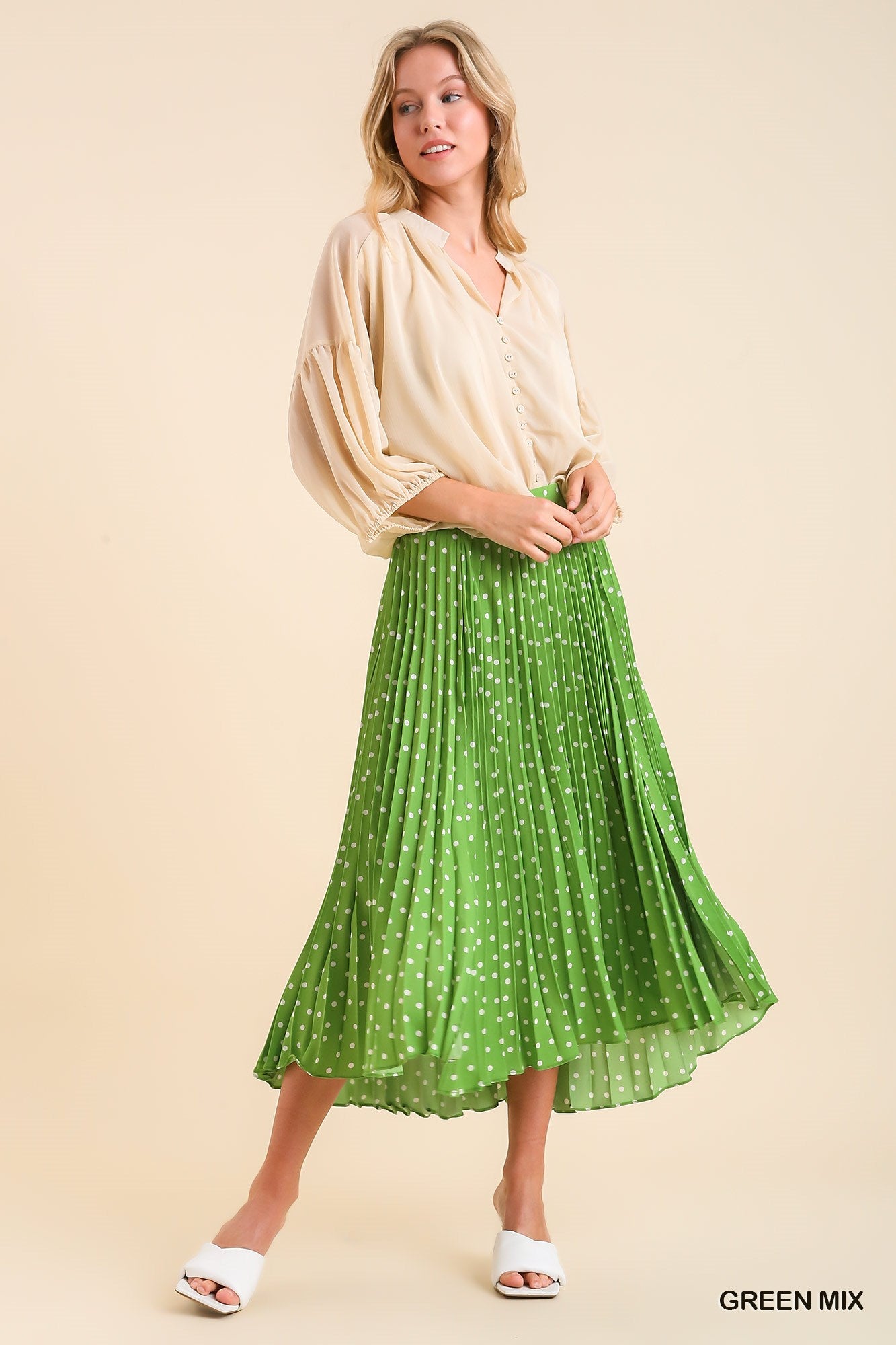 Umgee Crystal Pleated Midi Side Slits Skirt