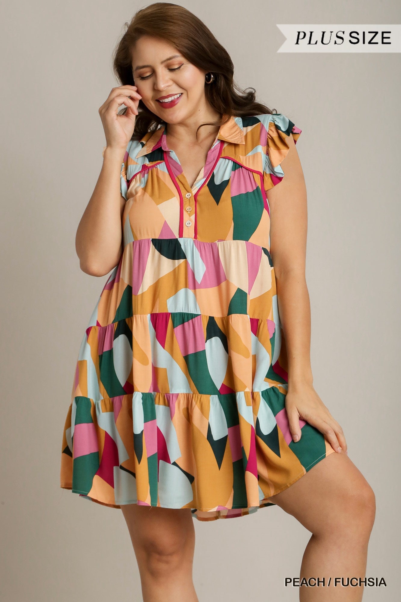 Umgee Plus Multi Color Abstract Print Short Ruffle Sleeve Tiered Dress