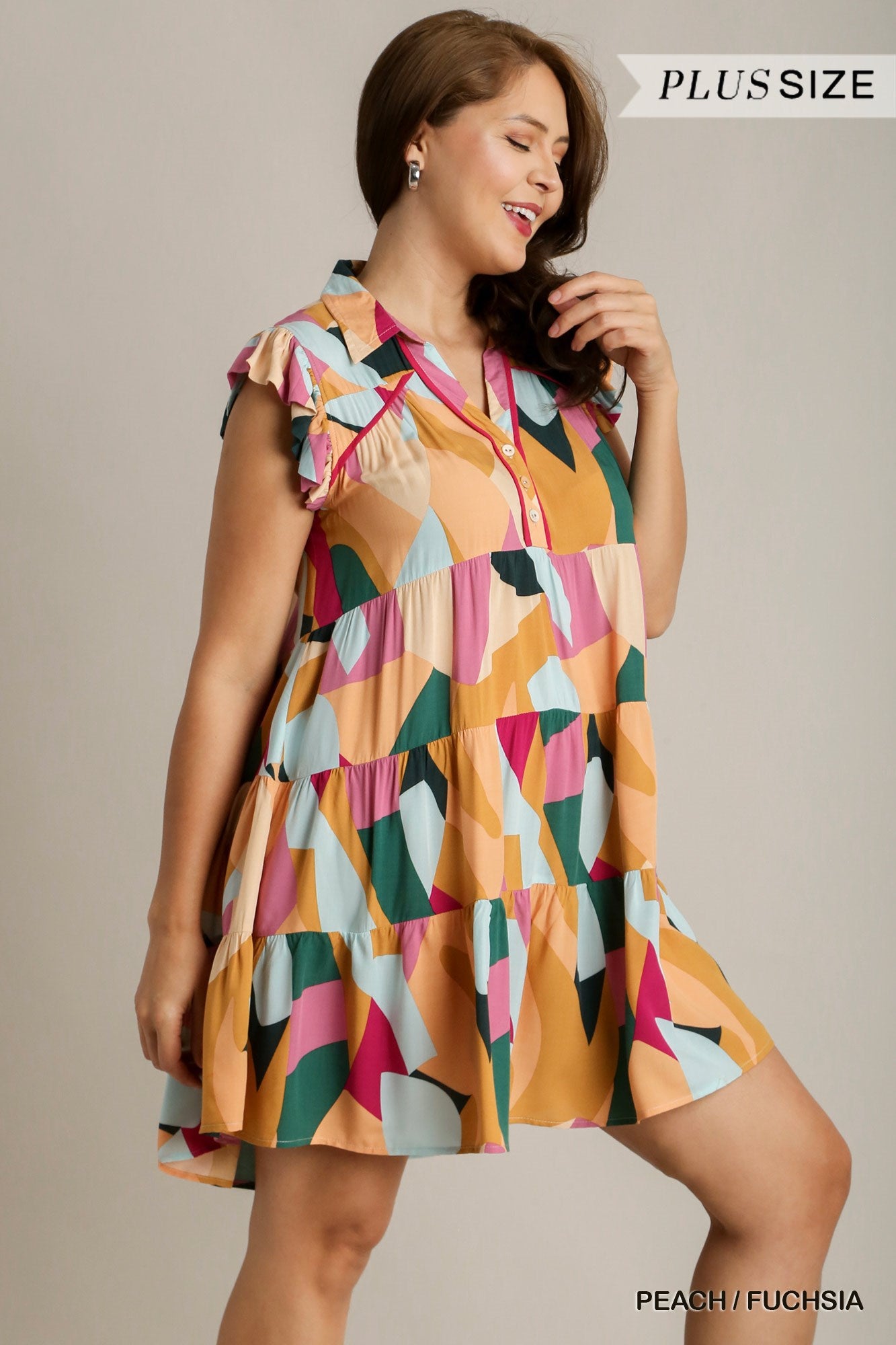 Umgee Plus Multi Color Abstract Print Short Ruffle Sleeve Tiered Dress