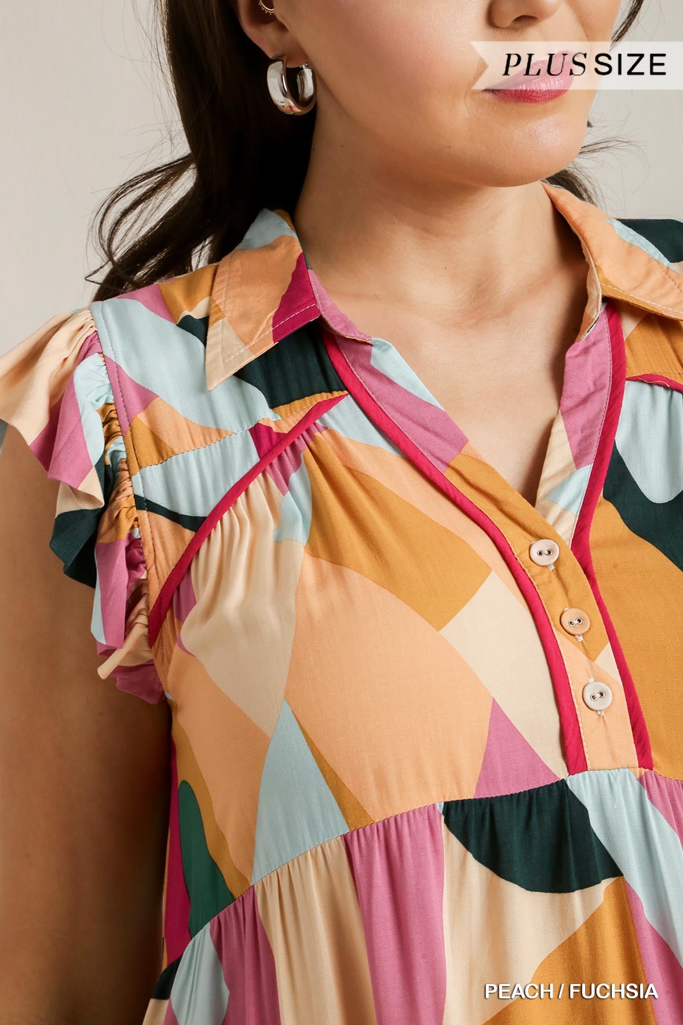 Umgee Plus Multi Color Abstract Print Short Ruffle Sleeve Tiered Dress