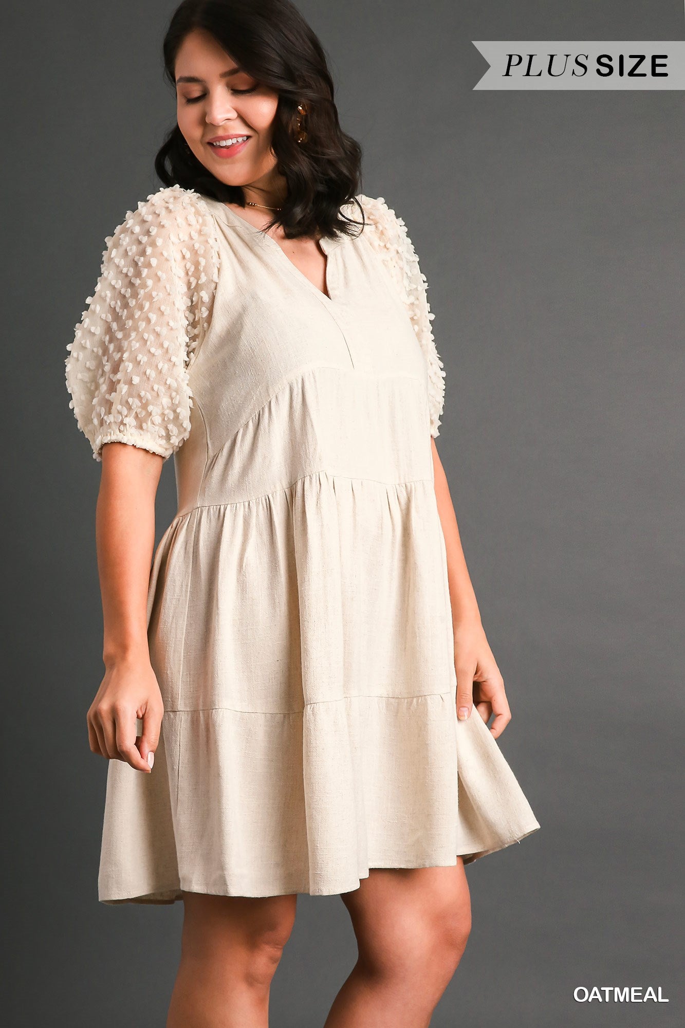 Umgee Plus Linen Floral Applique Cuffed Sleeve Tiered A-Line Split Neck Dress