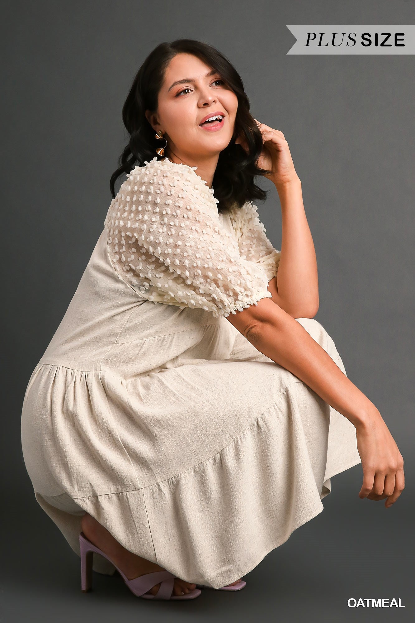 Umgee Plus Linen Floral Applique Cuffed Sleeve Tiered A-Line Split Neck Dress