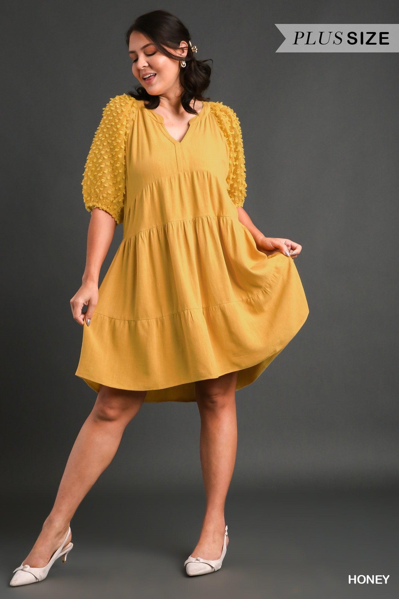 Umgee Plus Linen Floral Applique Cuffed Sleeve Tiered A-Line Split Neck Dress