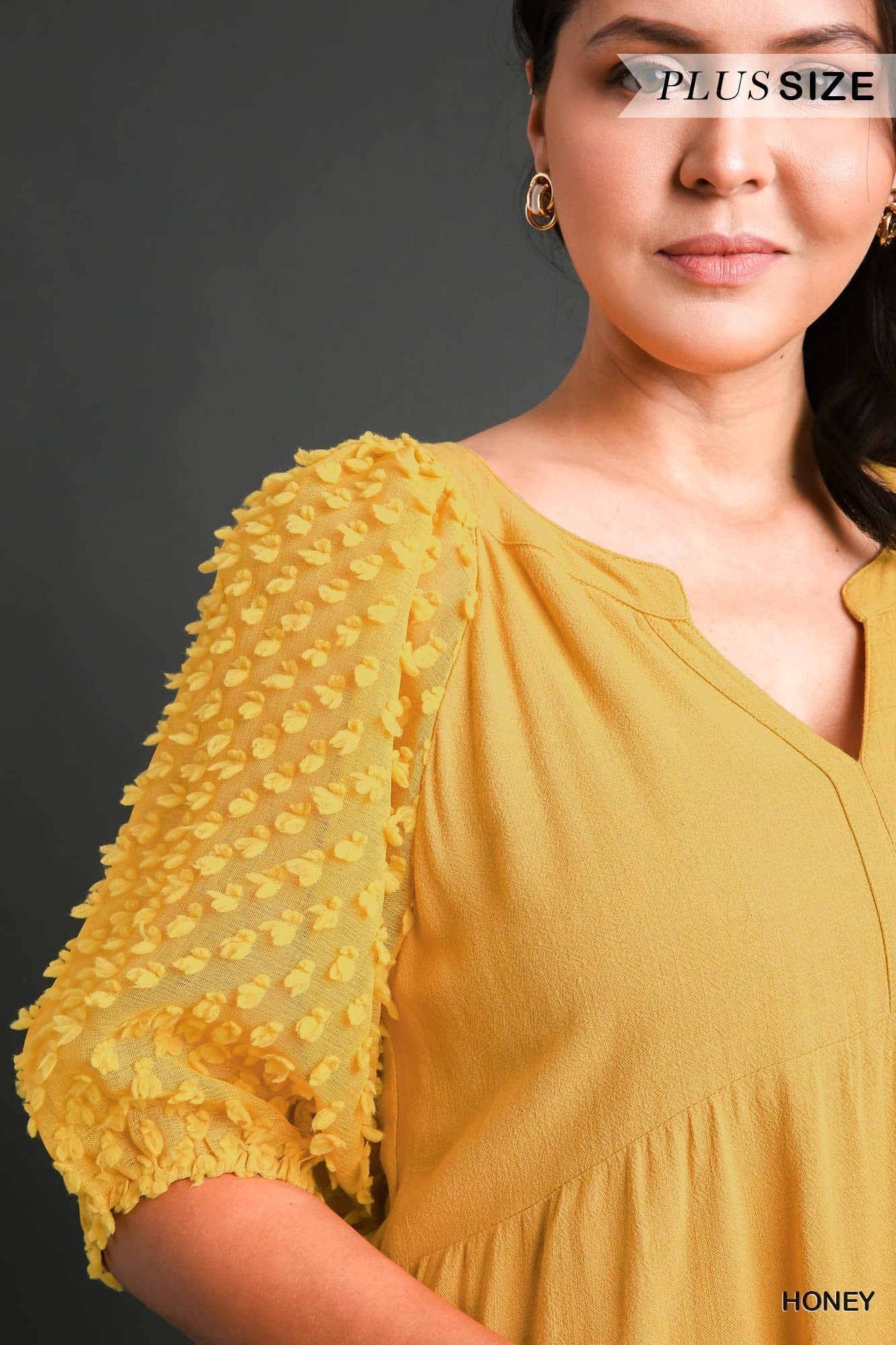 Umgee Plus Linen Floral Applique Cuffed Sleeve Tiered A-Line Split Neck Dress