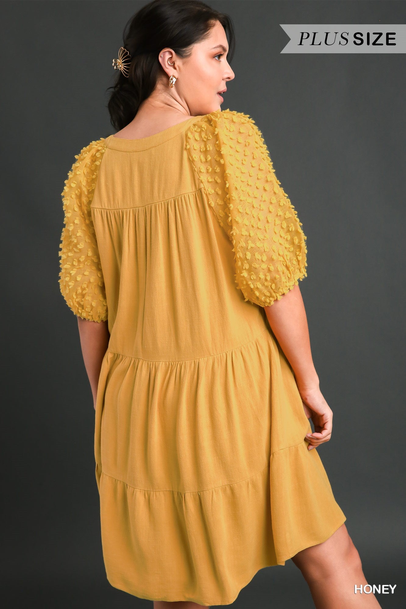 Umgee Plus Linen Floral Applique Cuffed Sleeve Tiered A-Line Split Neck Dress