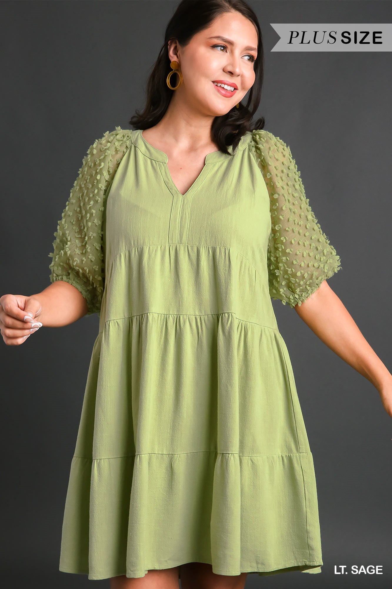 Umgee Plus Linen Floral Applique Cuffed Sleeve Tiered A-Line Split Neck Dress