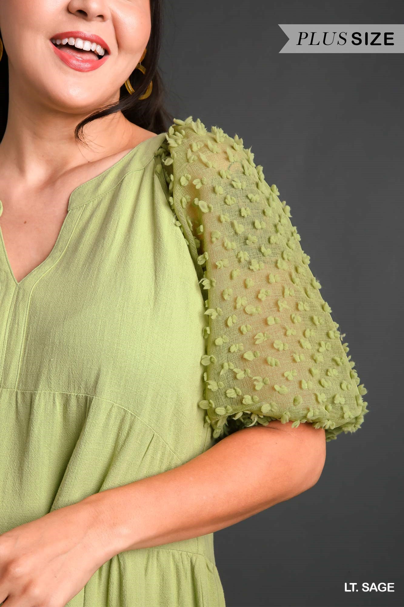 Umgee Plus Linen Floral Applique Cuffed Sleeve Tiered A-Line Split Neck Dress