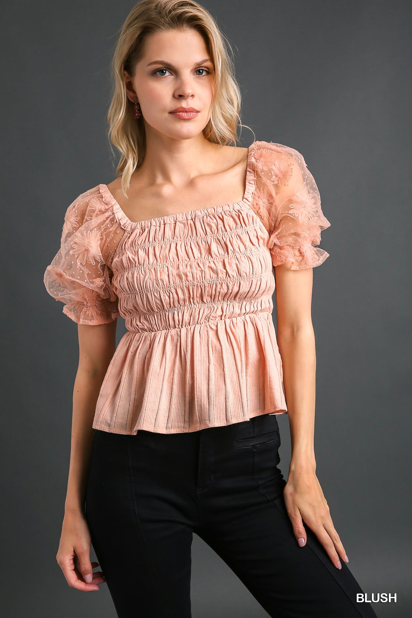 Umgee Woven Fabric 3D Floral Lace Smocking Chest Detail Top - Roulhac Fashion Boutique