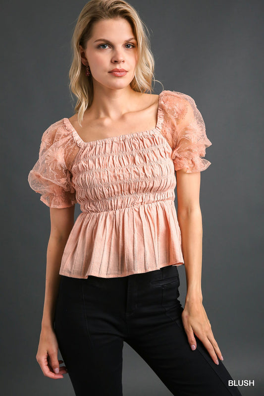Umgee Woven Fabric 3D Floral Lace Smocking Chest Detail Top - Roulhac Fashion Boutique