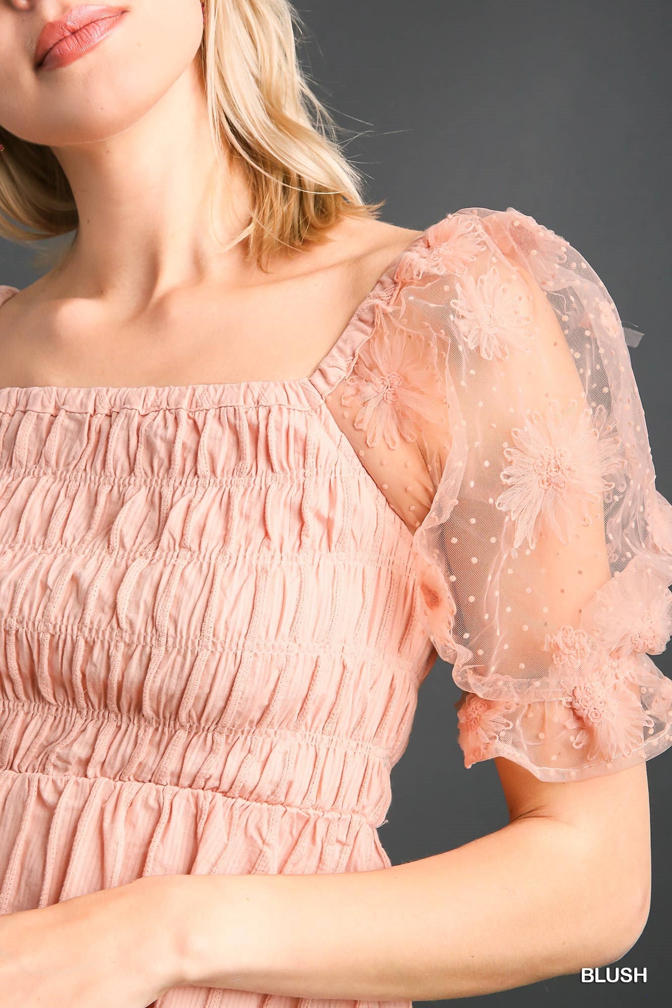 Umgee Woven Fabric 3D Floral Lace Smocking Chest Detail Top - Roulhac Fashion Boutique