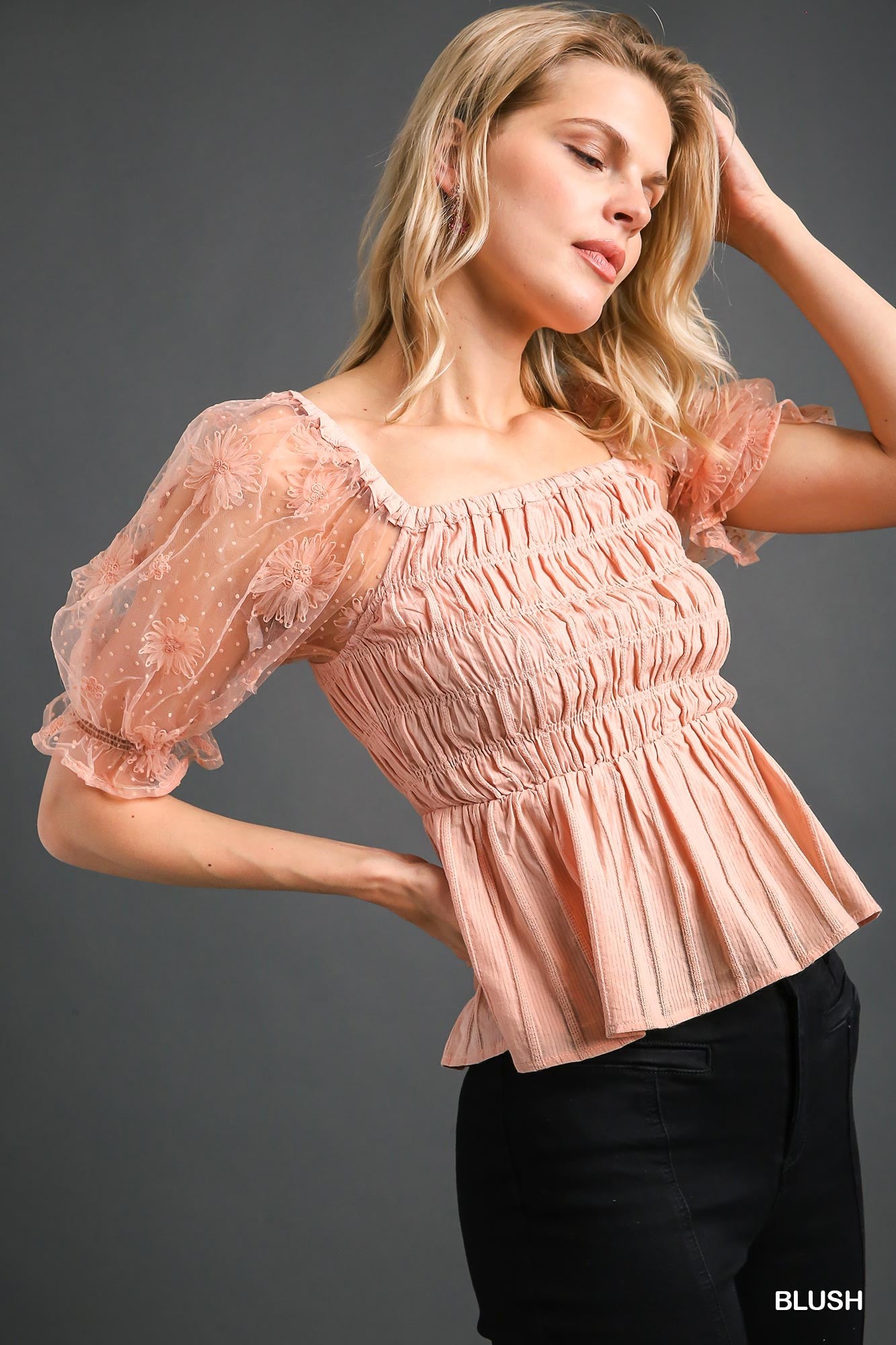 Umgee Woven Fabric 3D Floral Lace Smocking Chest Detail Top - Roulhac Fashion Boutique