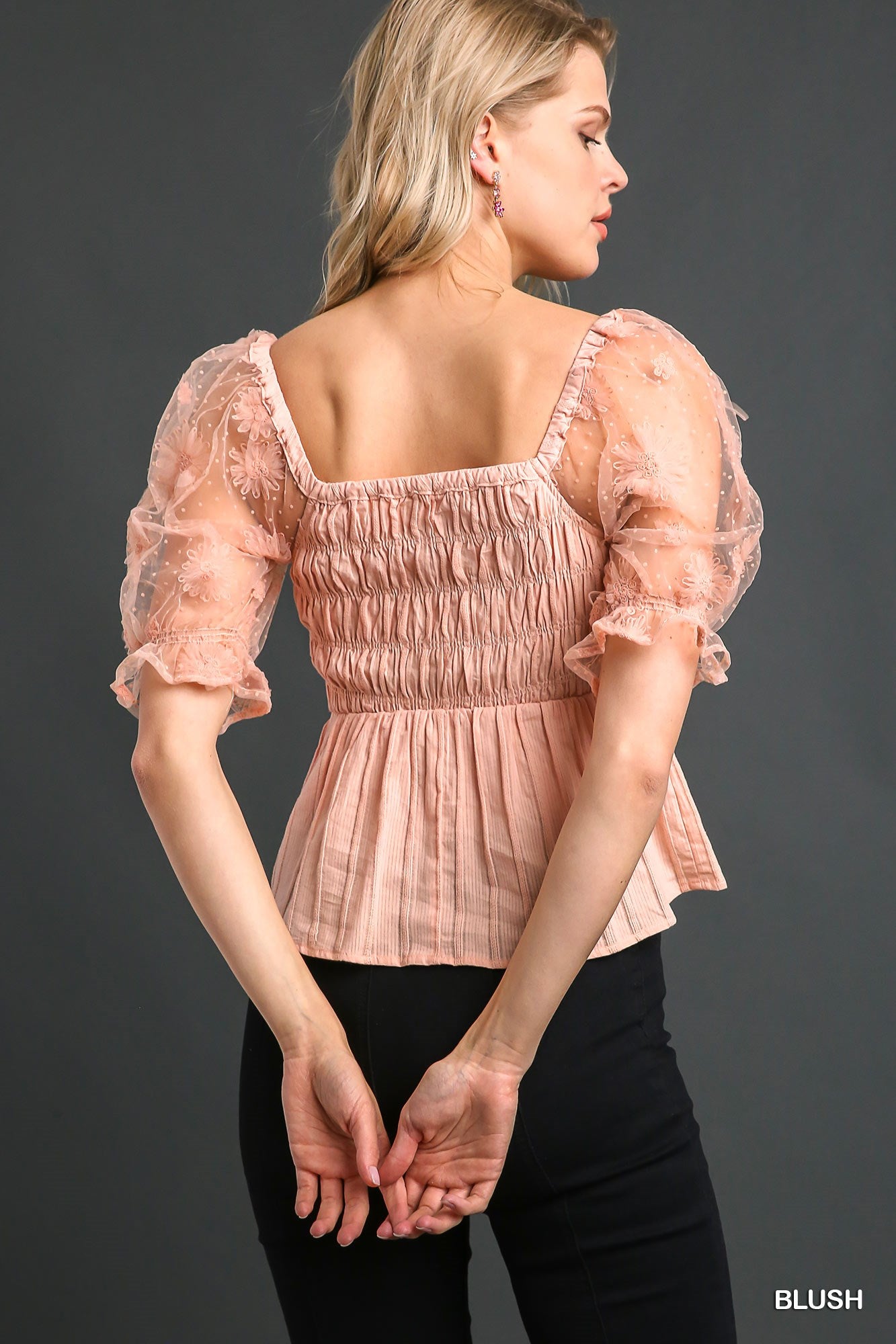 Umgee Woven Fabric 3D Floral Lace Smocking Chest Detail Top - Roulhac Fashion Boutique