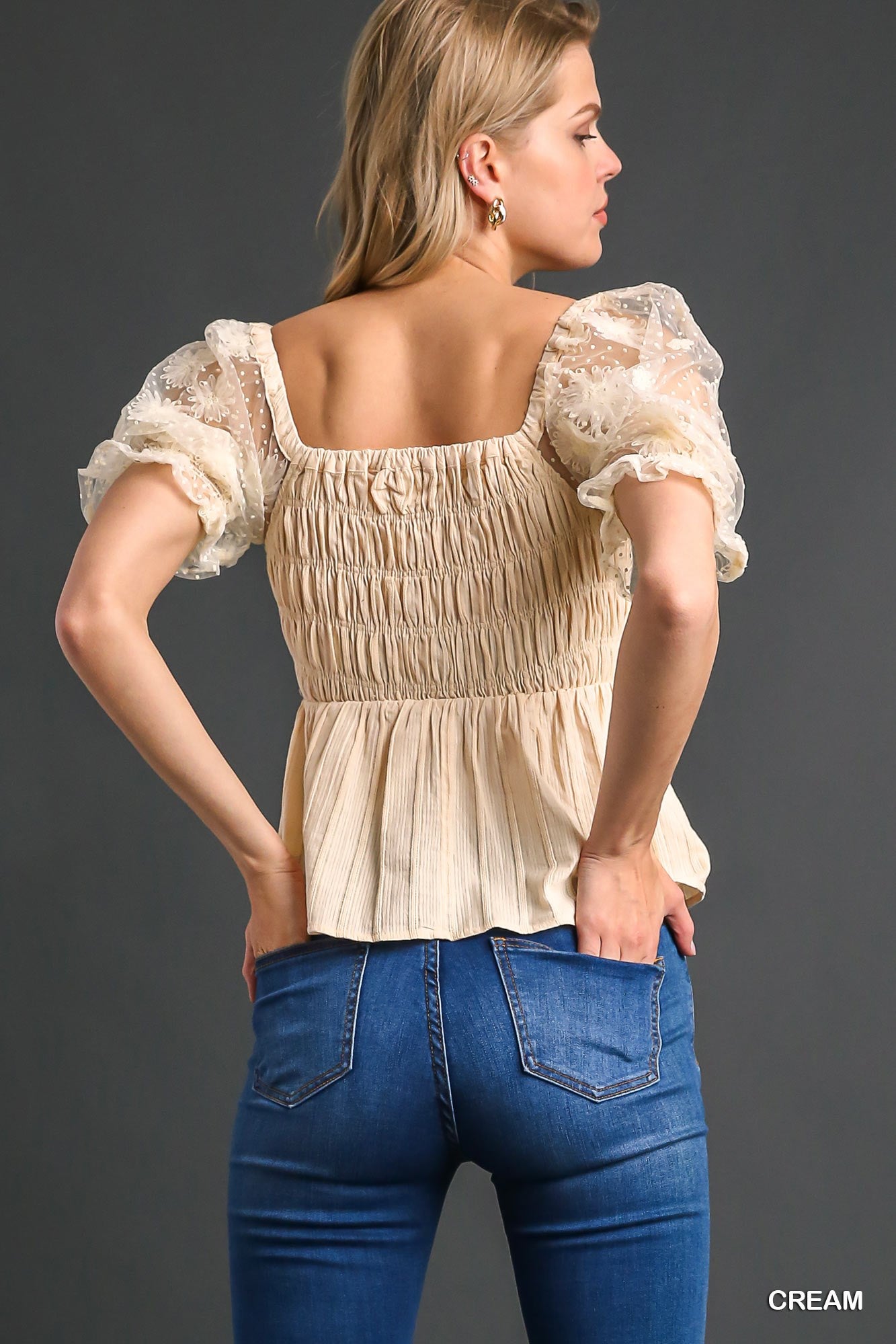 Umgee Woven Fabric 3D Floral Lace Smocking Chest Detail Top