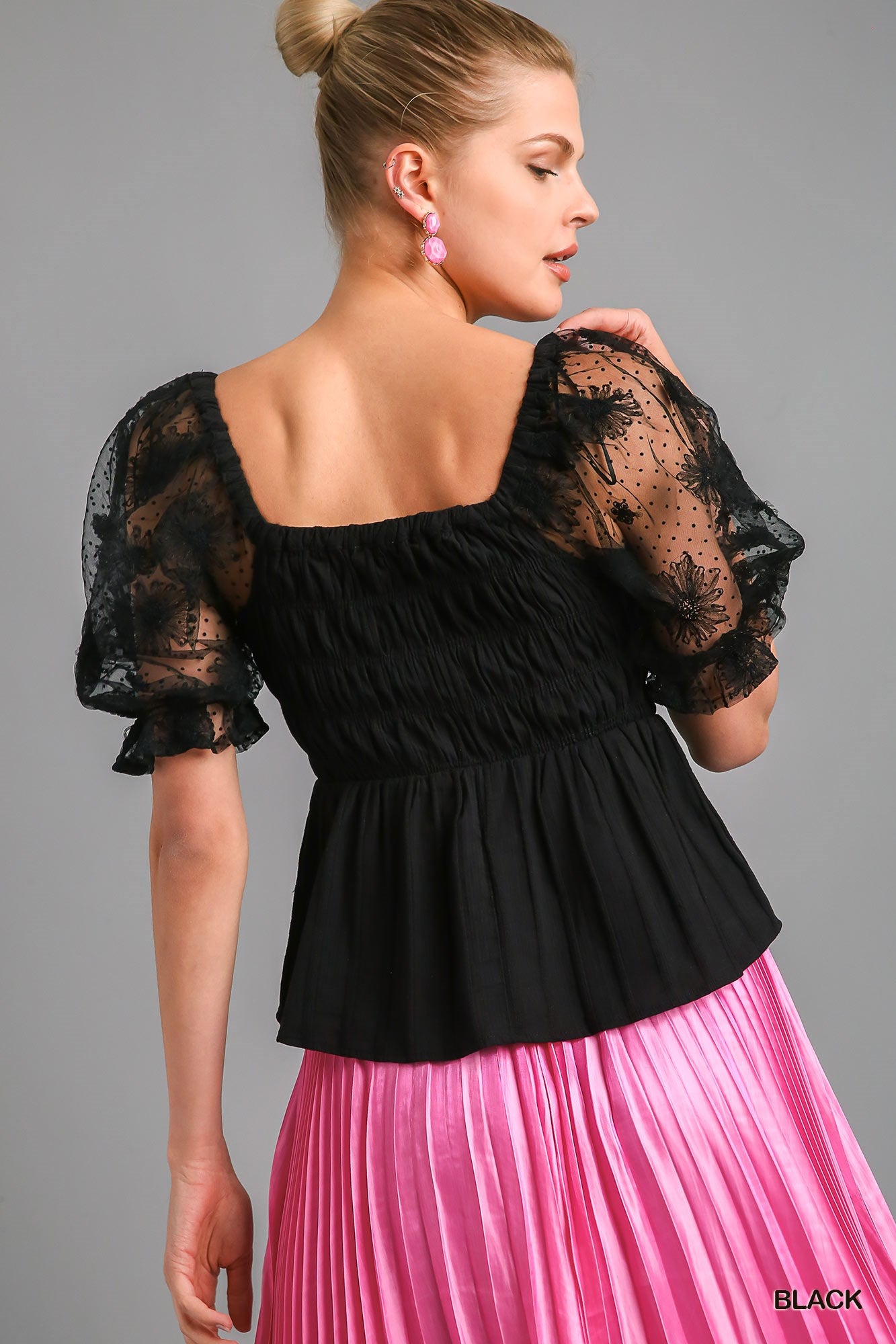 Umgee Woven Fabric 3D Floral Lace Smocking Chest Detail Top