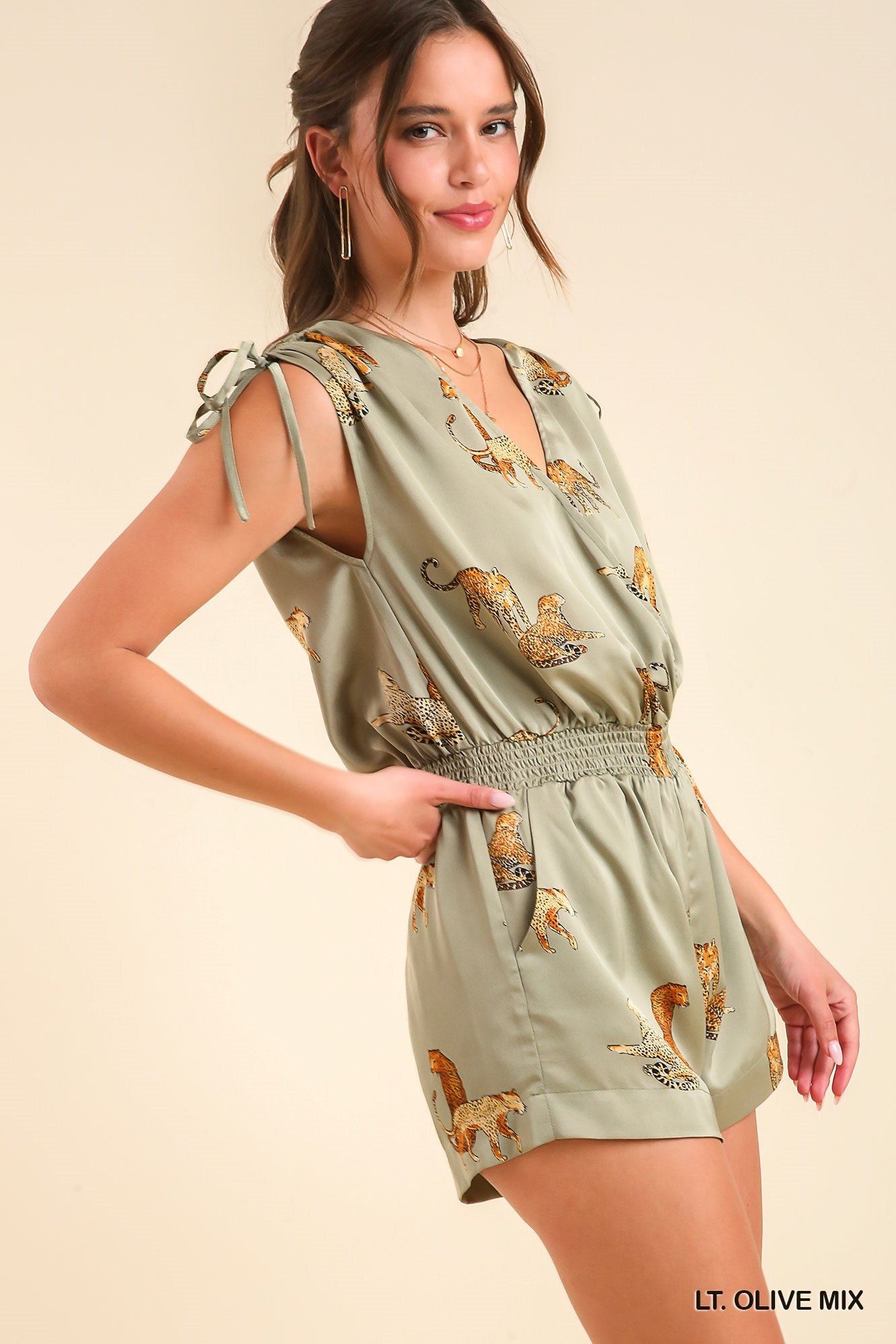 Umgee Satin Elastic Waistband Surplice Drawstring Romper