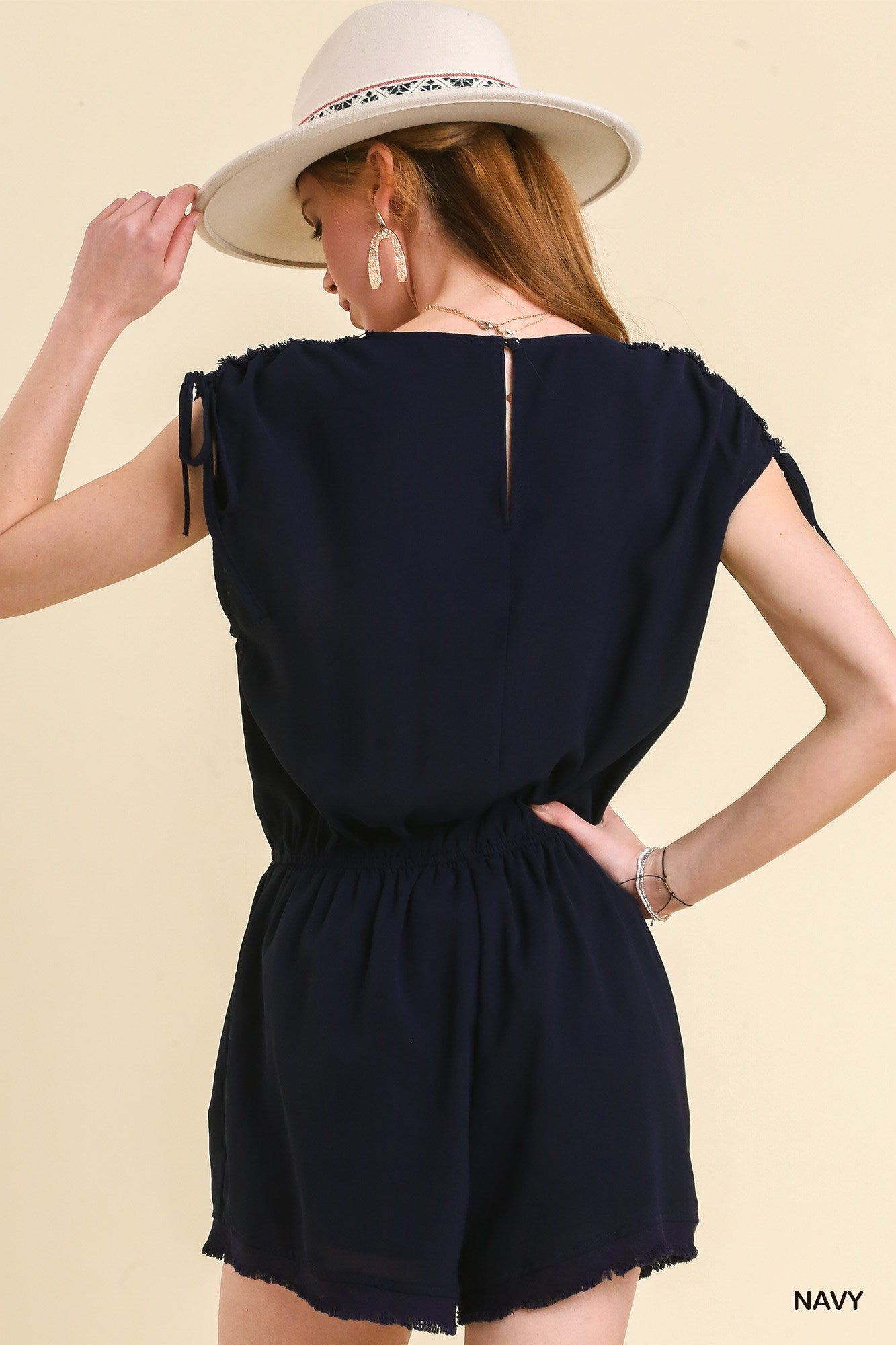 Umgee Drawstring Elastic Waistband Frayed Hem Back Keyhole Romper