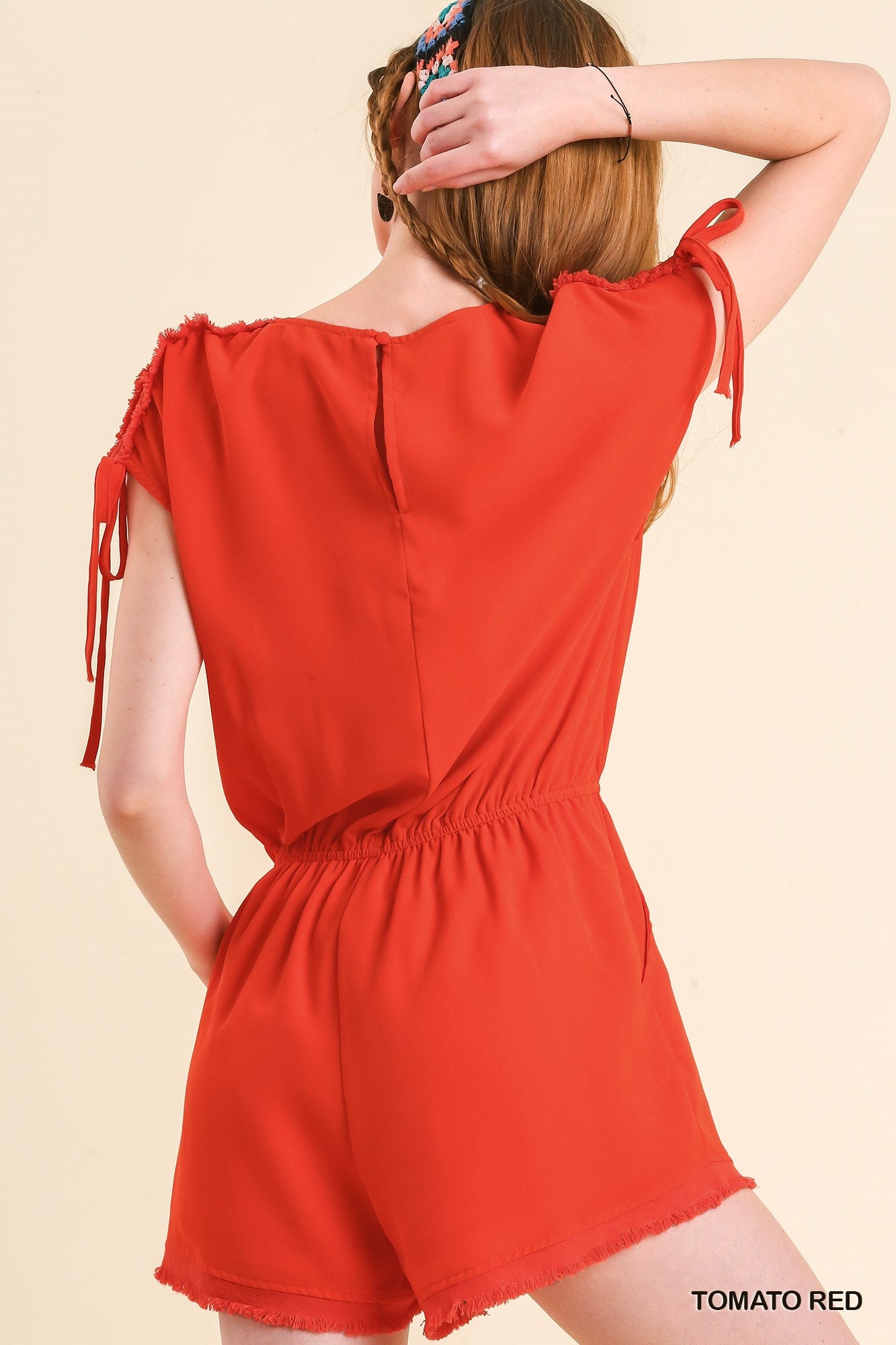 Umgee Drawstring Elastic Waistband Frayed Hem Back Keyhole Romper