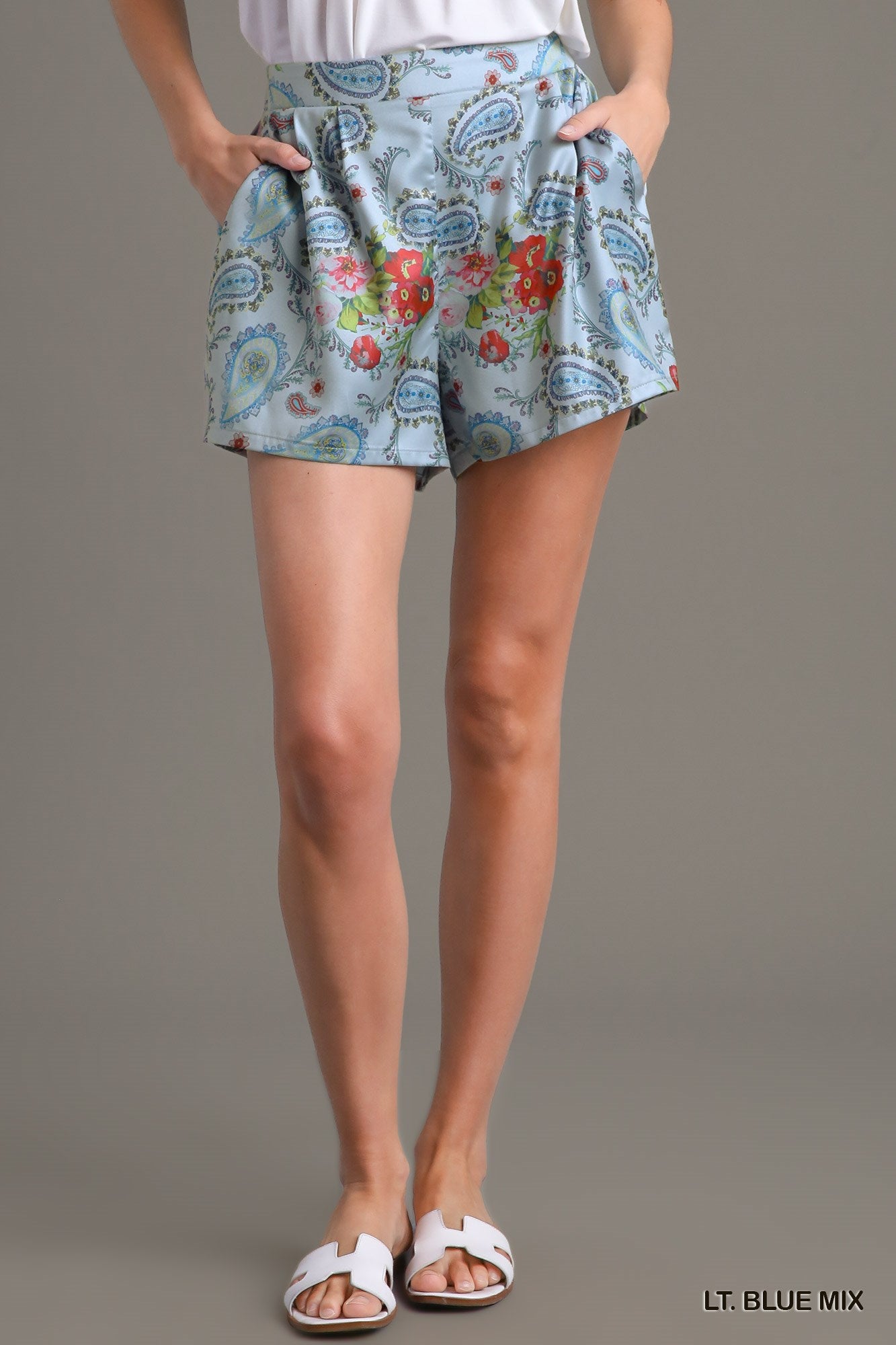 Umgee Mixed Print Elastic Waistband Side Pockets Shorts