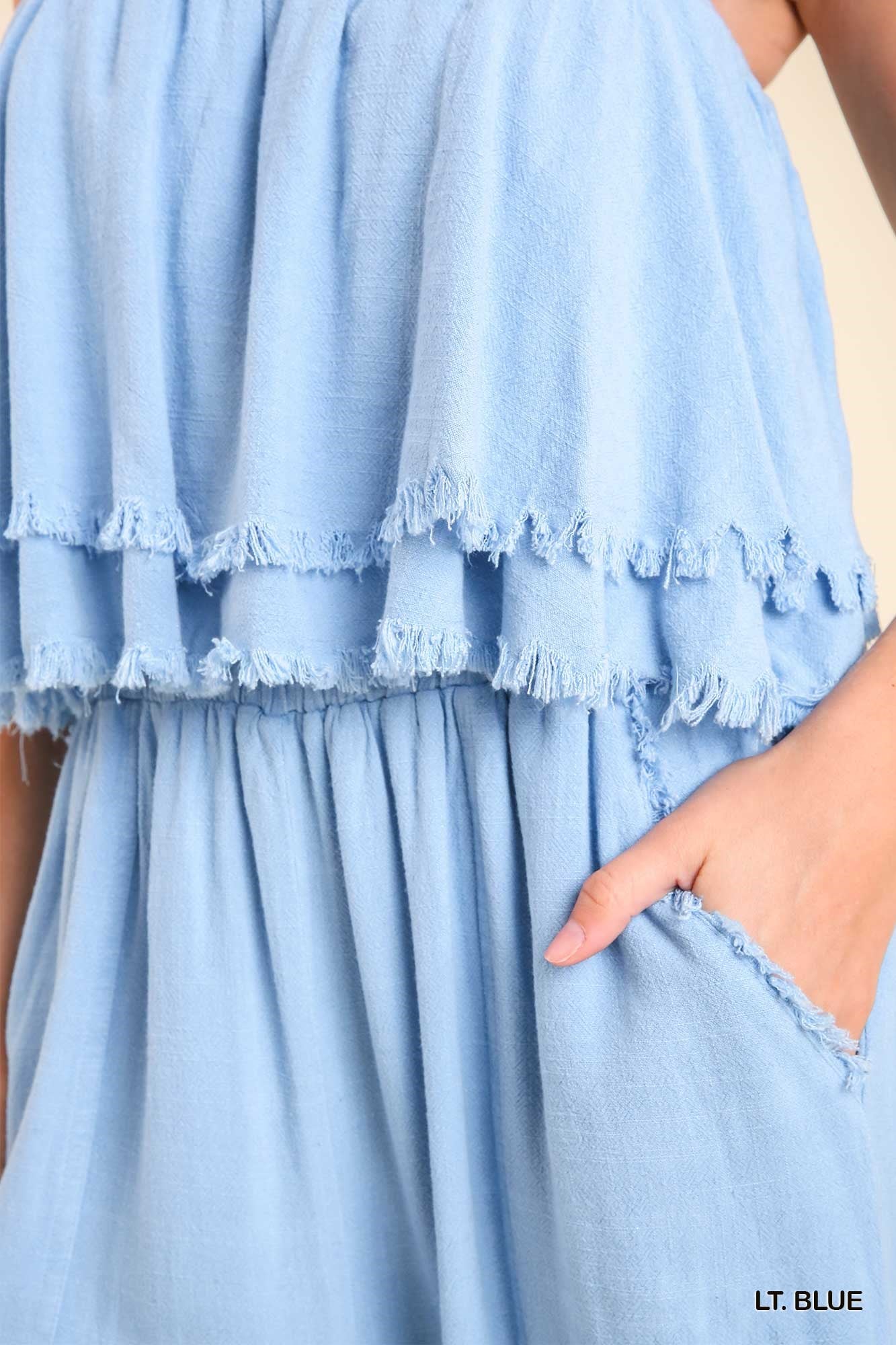 Umgee Spaghetti Strap Tiered Ruffle Unfinished Hem Jumpsuit