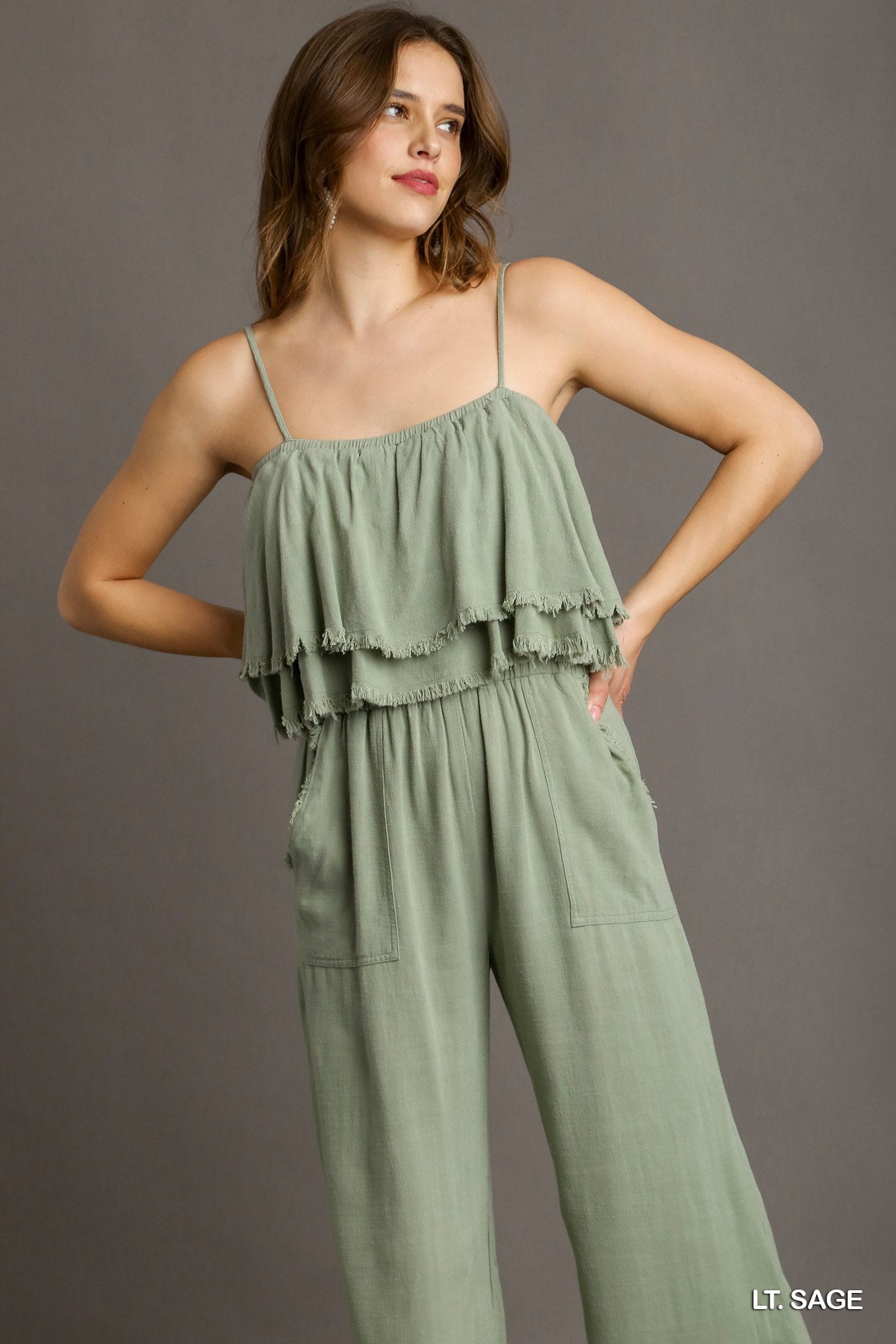 Umgee Spaghetti Strap Tiered Ruffle Unfinished Hem Jumpsuit