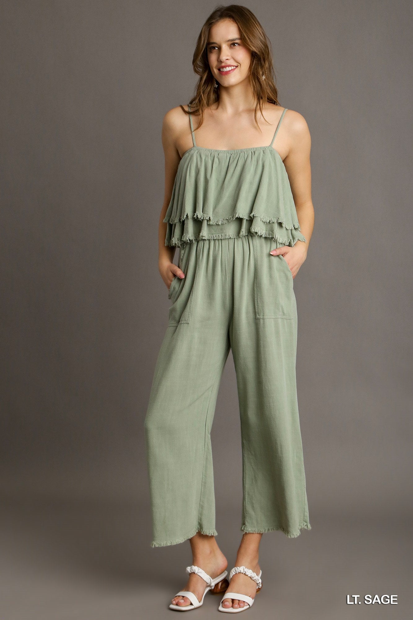 Umgee Spaghetti Strap Tiered Ruffle Unfinished Hem Jumpsuit