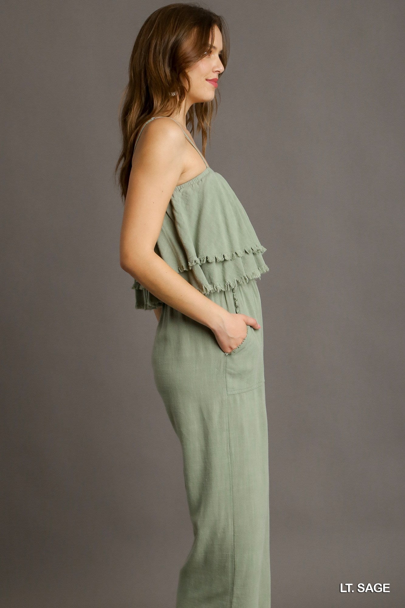 Umgee Spaghetti Strap Tiered Ruffle Unfinished Hem Jumpsuit