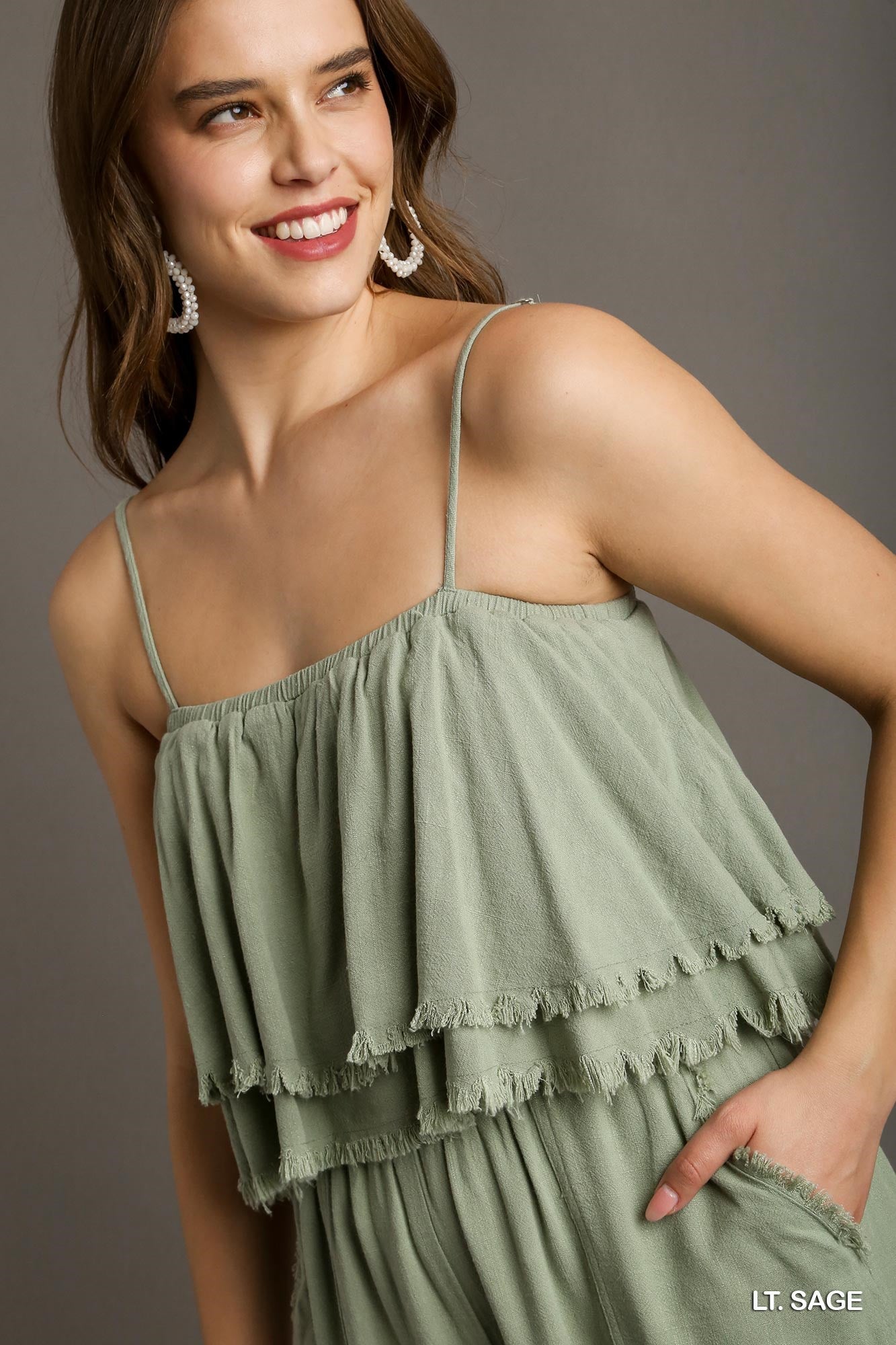 Umgee Spaghetti Strap Tiered Ruffle Unfinished Hem Jumpsuit