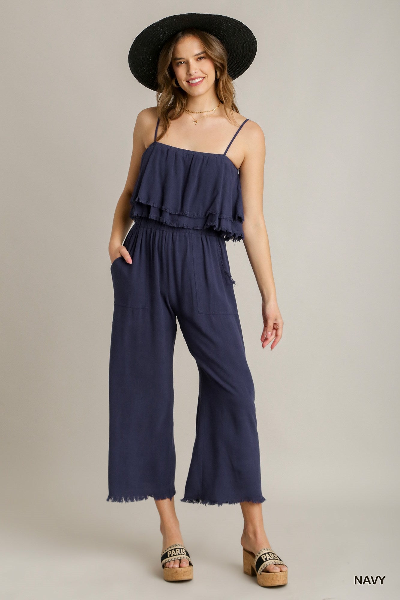 Umgee Spaghetti Strap Tiered Ruffle Unfinished Hem Jumpsuit