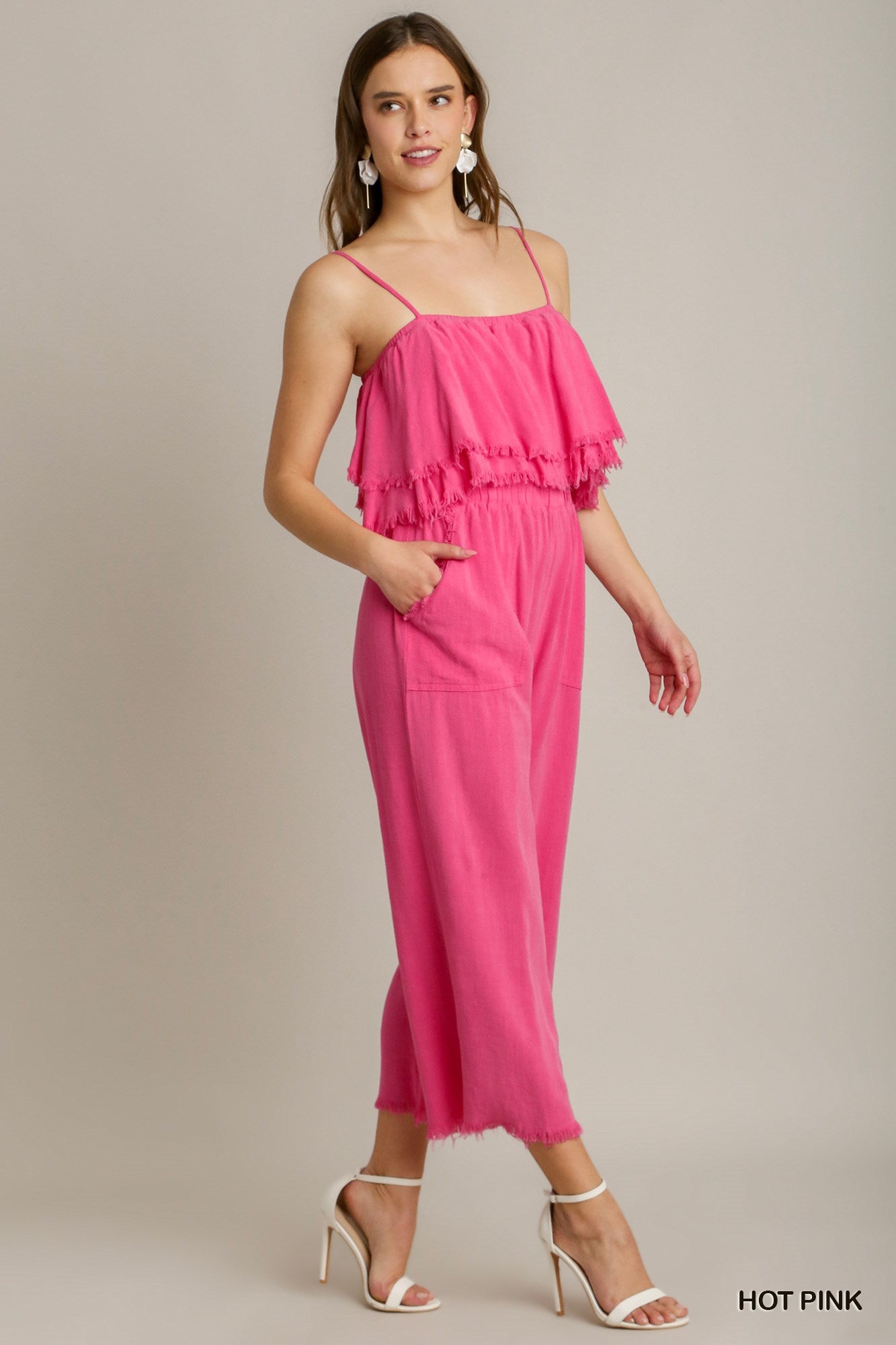 Umgee Spaghetti Strap Tiered Ruffle Unfinished Hem Jumpsuit
