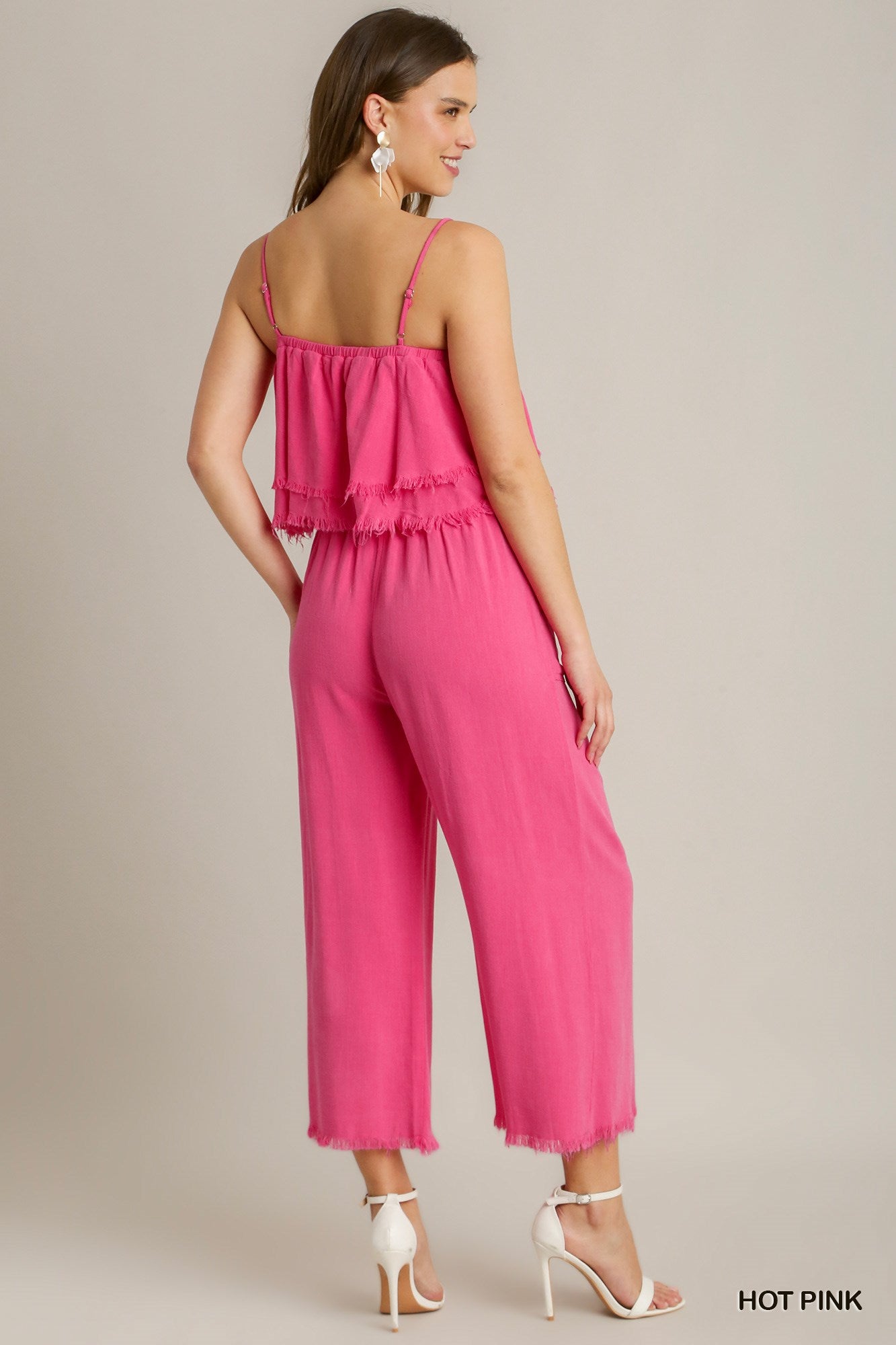Umgee Spaghetti Strap Tiered Ruffle Unfinished Hem Jumpsuit